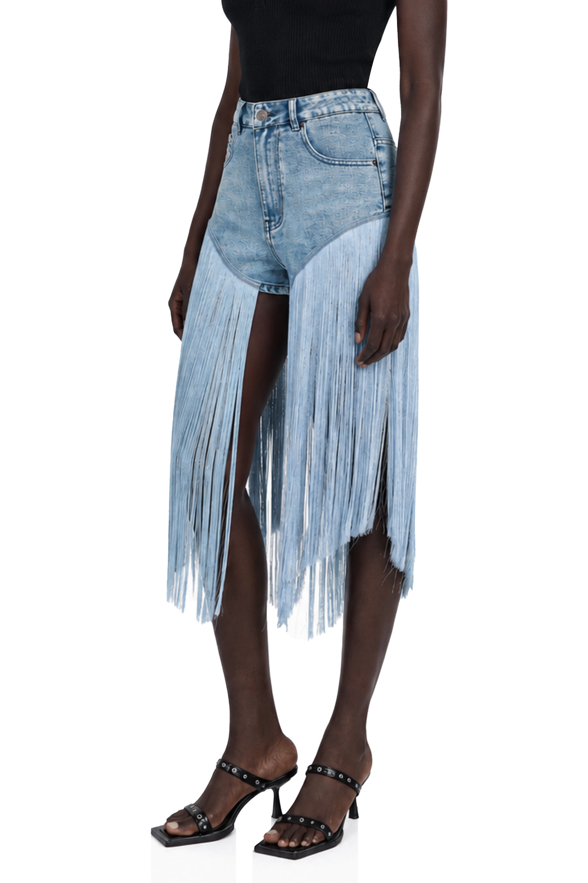 martina blue fringed panel denim shorts
