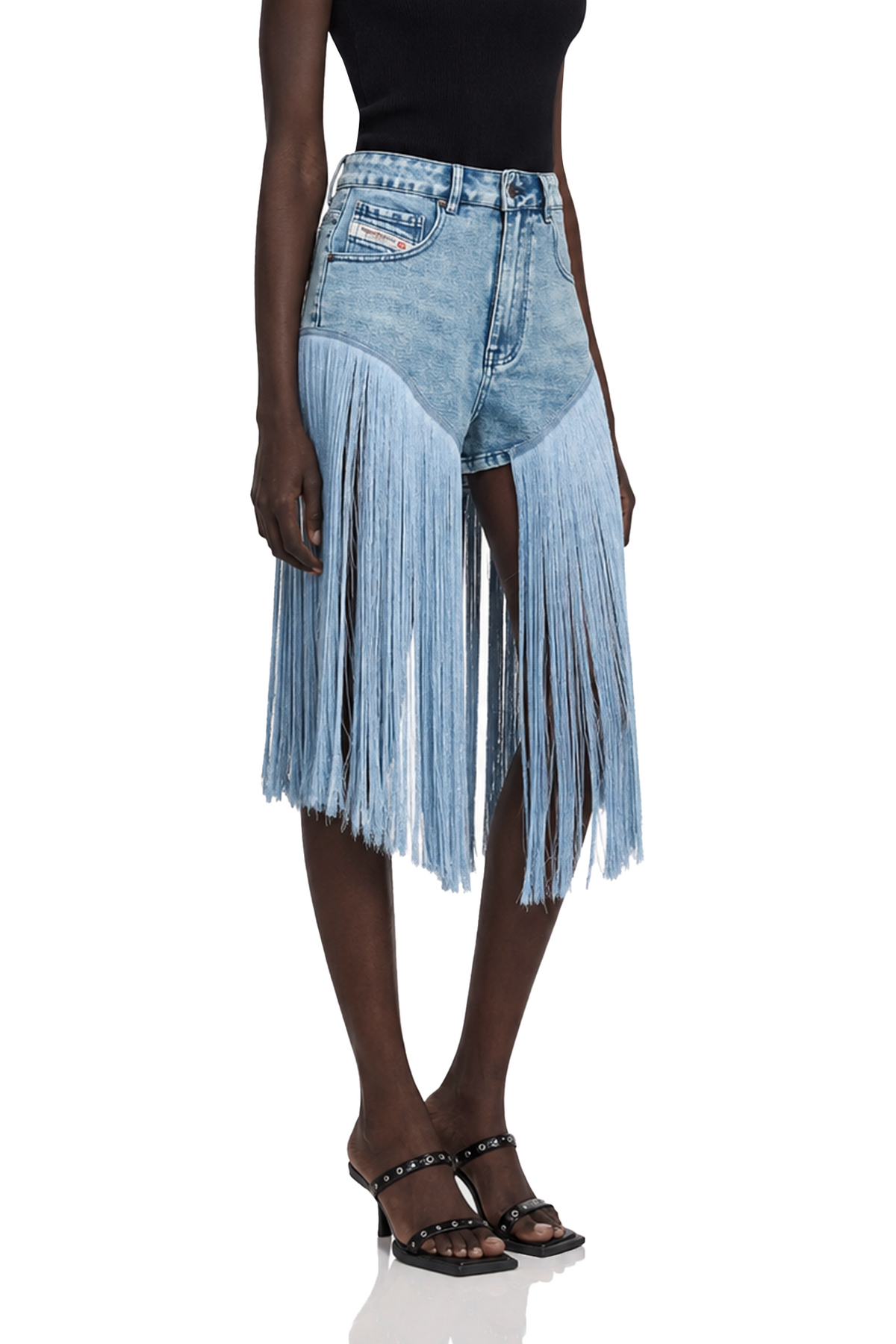 martina blue fringed panel denim shorts