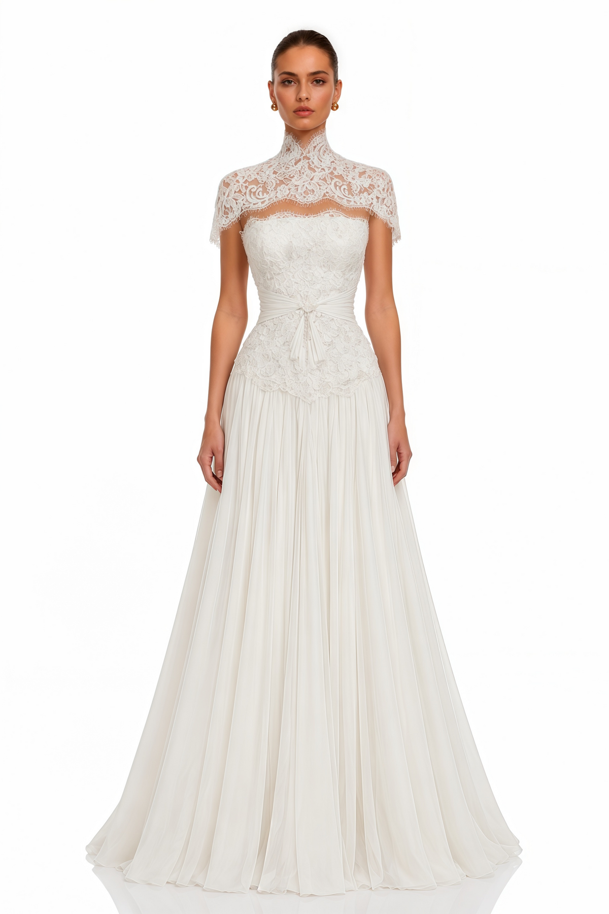 ianthe ivory high neck lace cape maxi dress