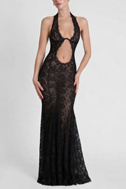 Solange Black Halterneck Floral Lace Maxi Dress