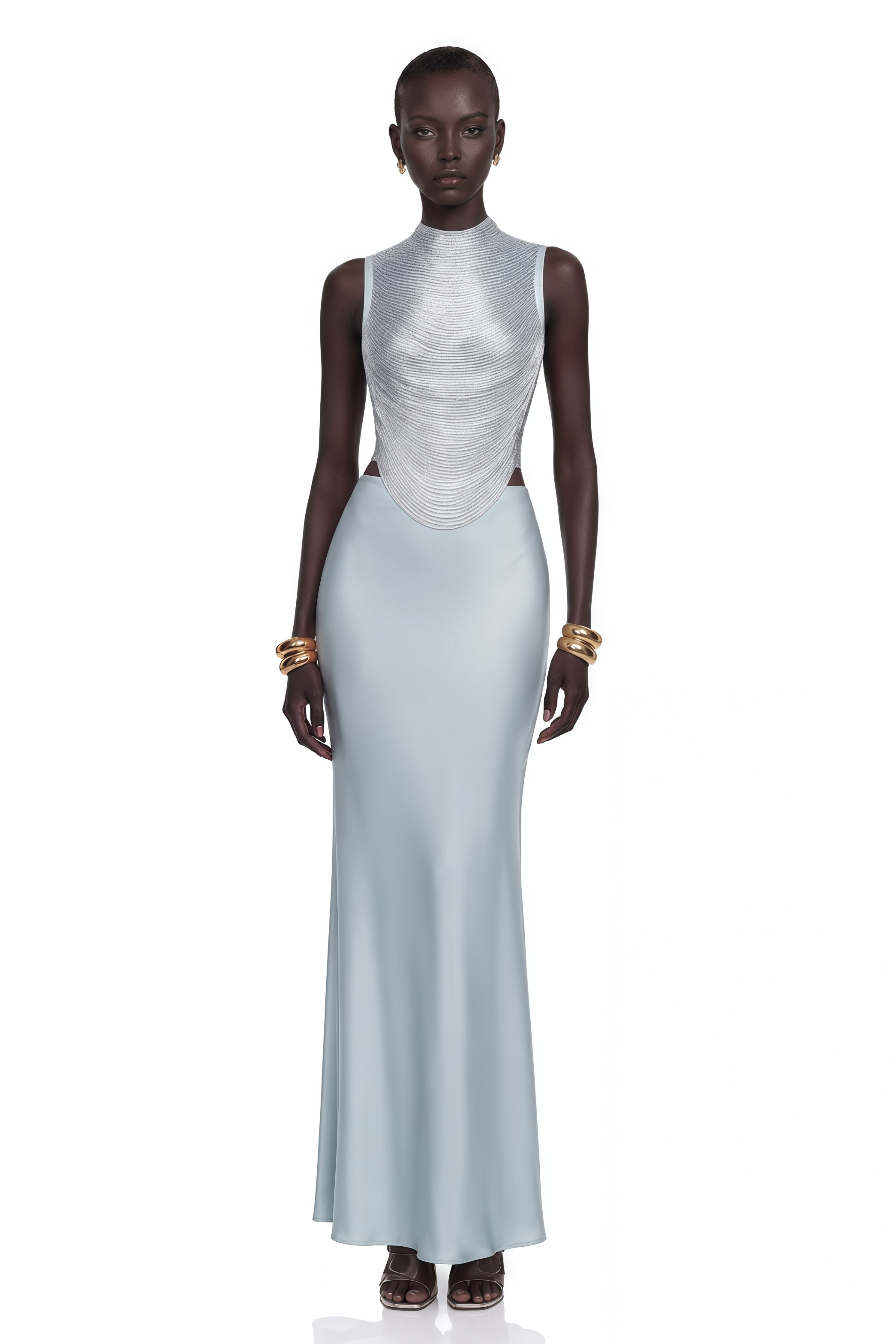 Borbála Blue Fringed Top & Satin Skirt Set