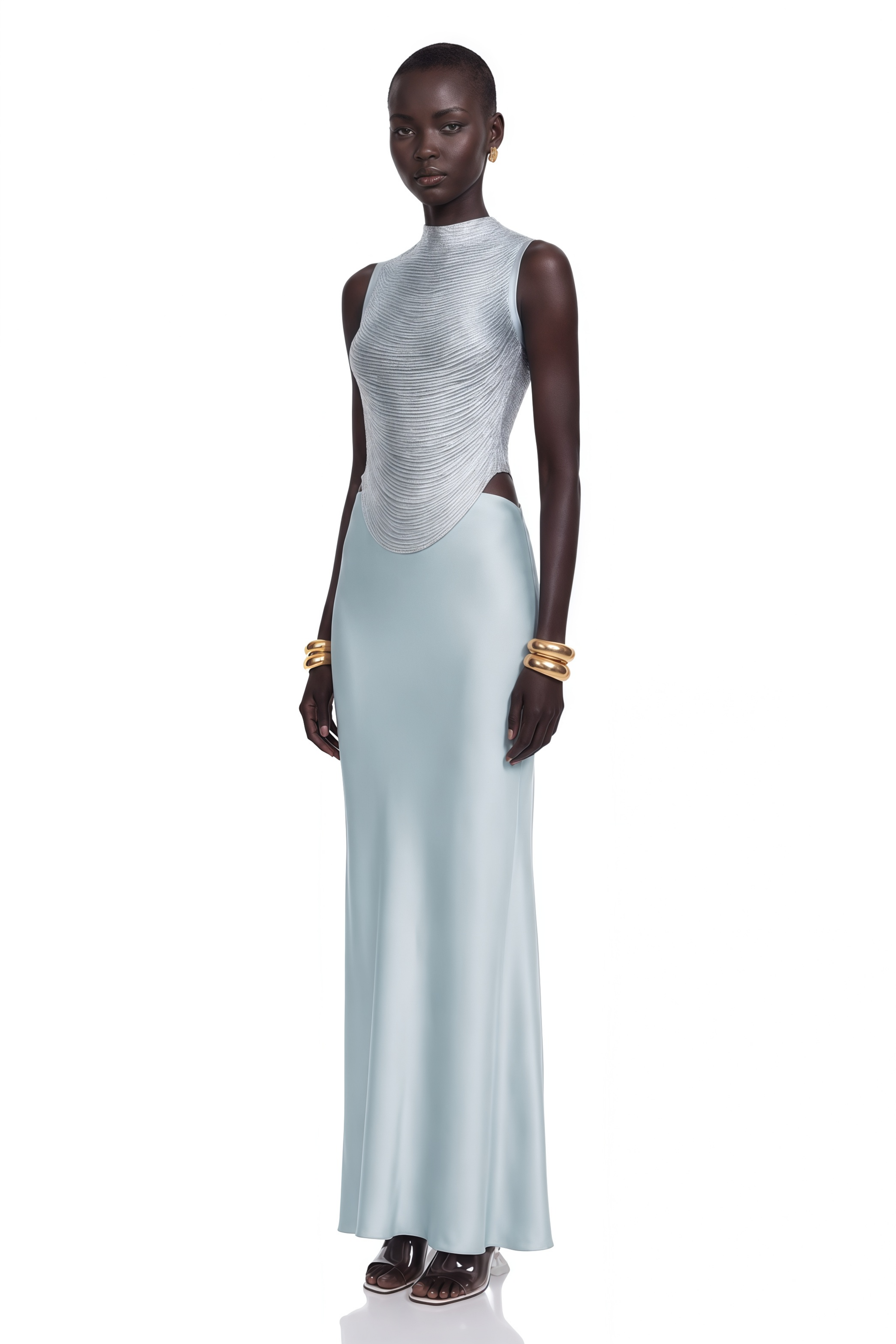 Borbála Blue Fringed Top & Satin Skirt Set