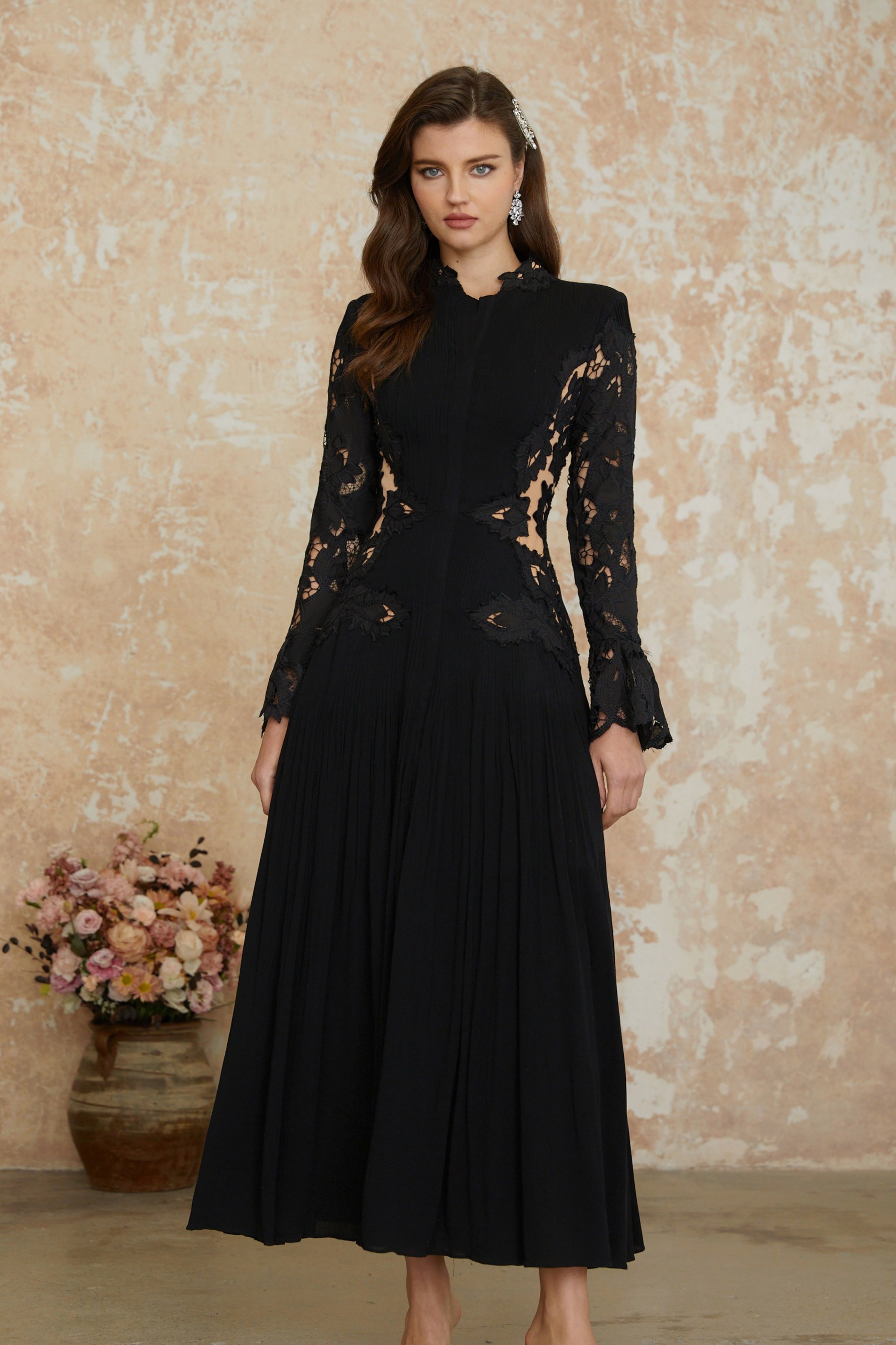 Chiara Black Lace Panel Pleated Midi Dress (Final Sale-US Only)