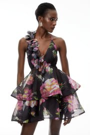 Chione Black Floral Applique Backless Mini Dress