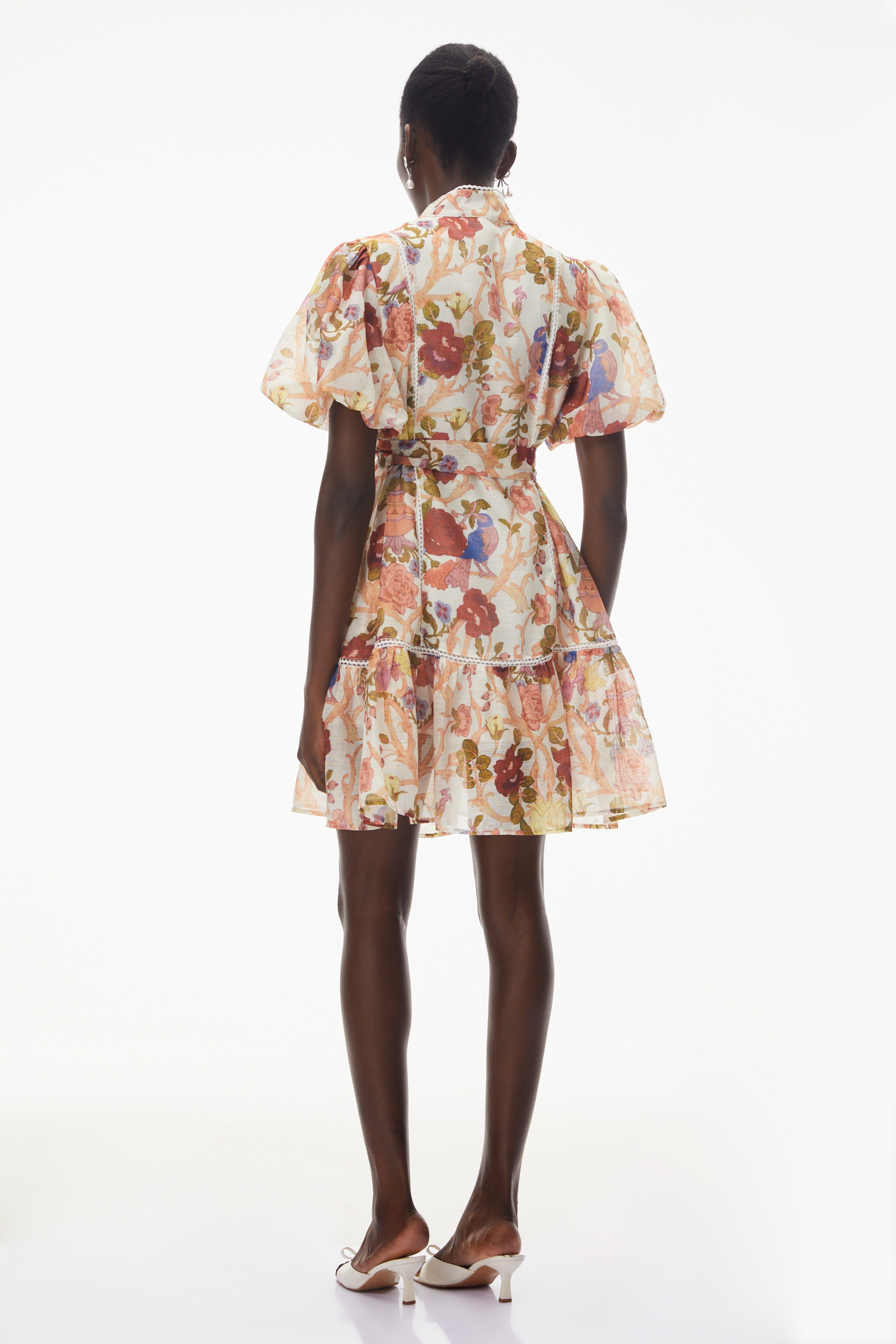 Chione Cream Floral Print Mini Dress with Lace Trim