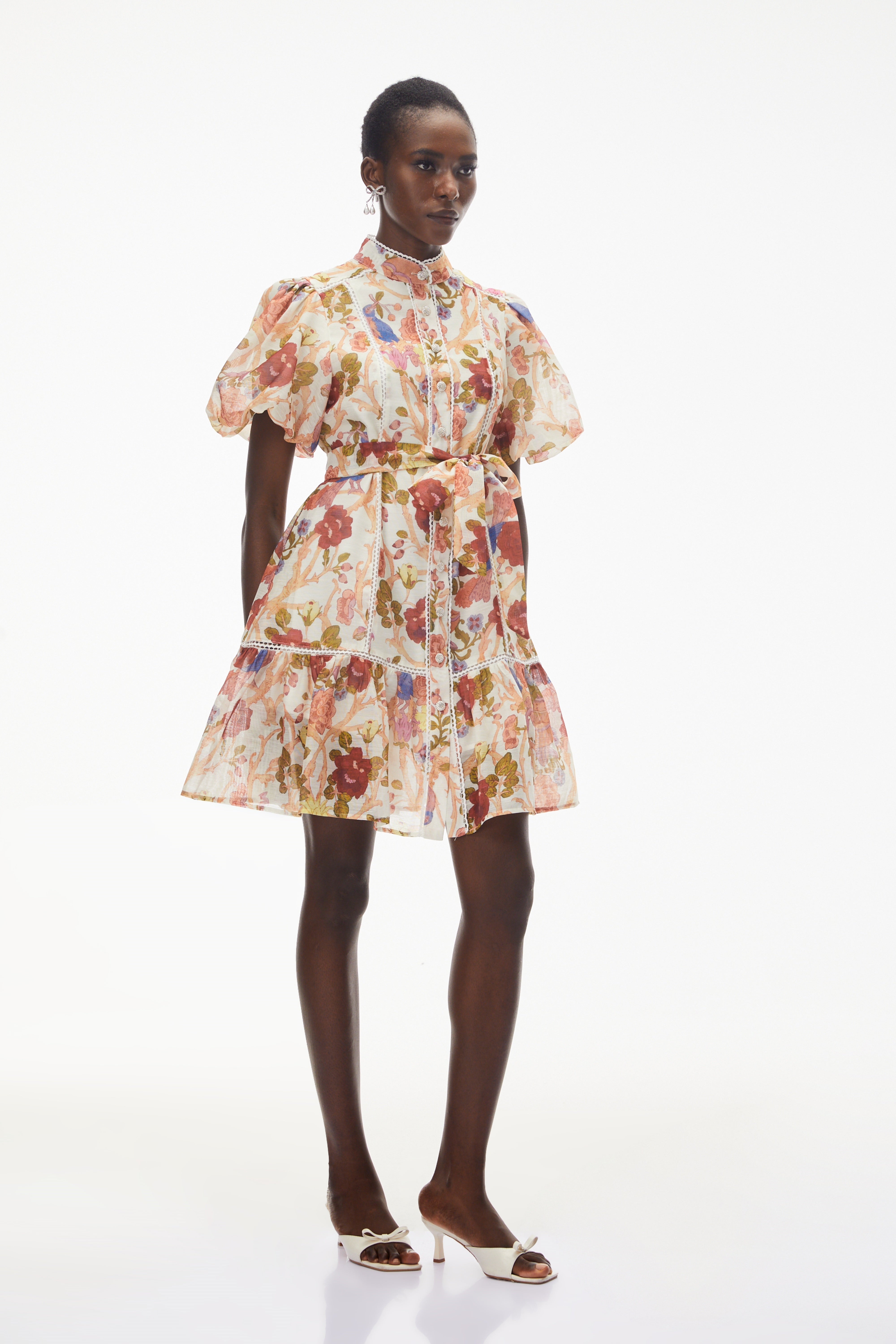 Chione Cream Floral Print Mini Dress with Lace Trim