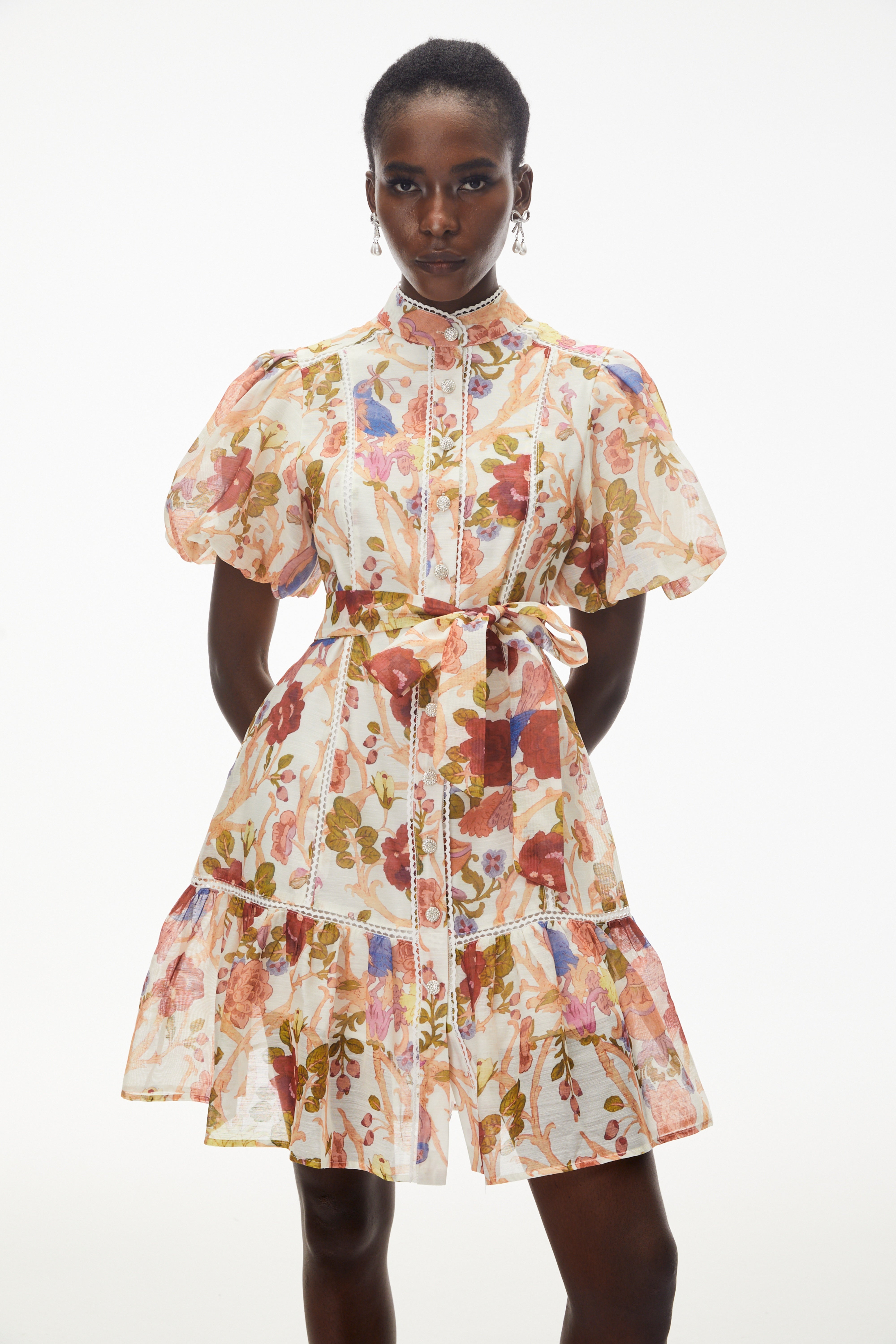 Chione Cream Floral Print Mini Dress with Lace Trim