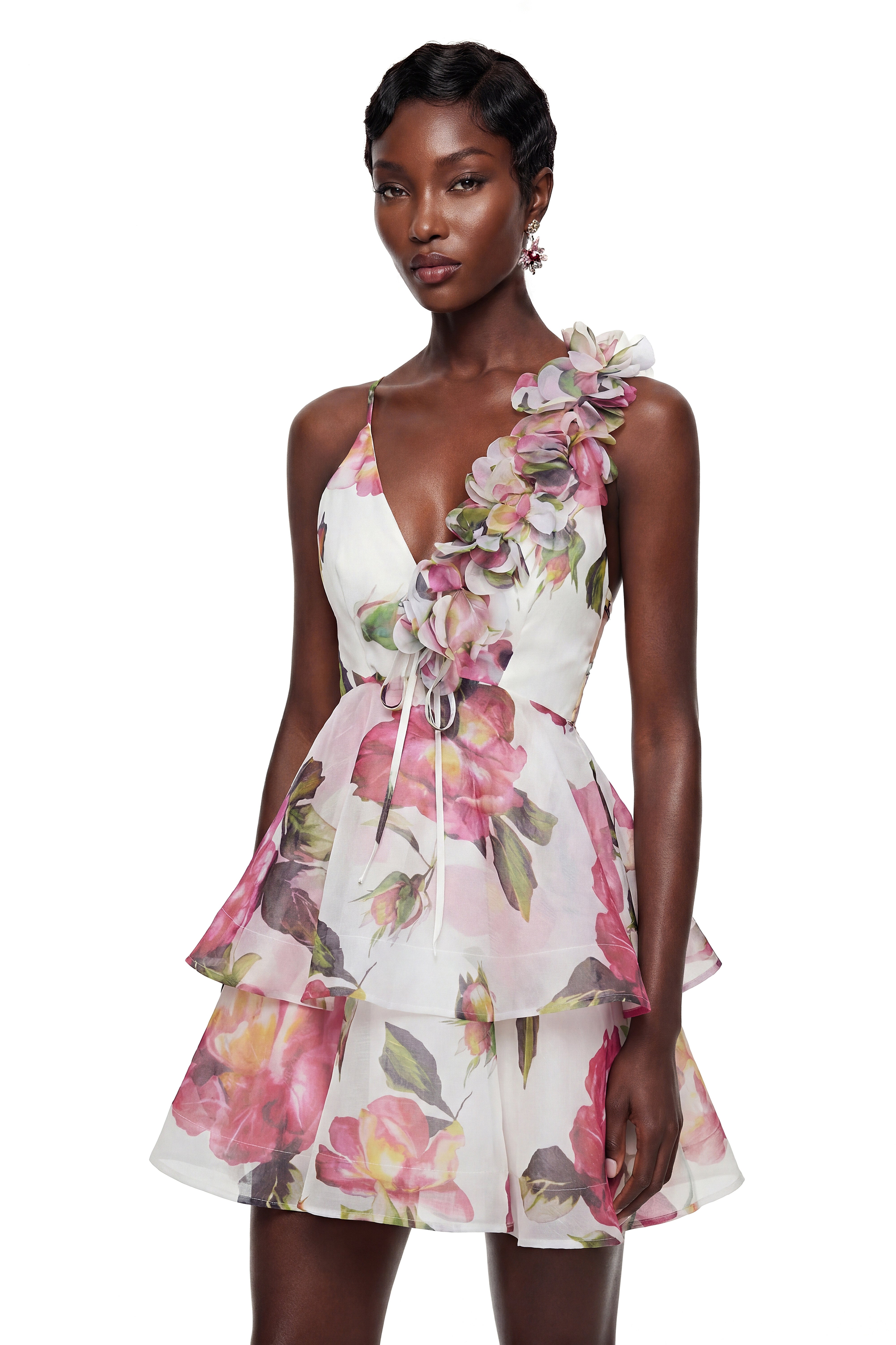 Chione Pink Floral Applique Backless Mini Dress