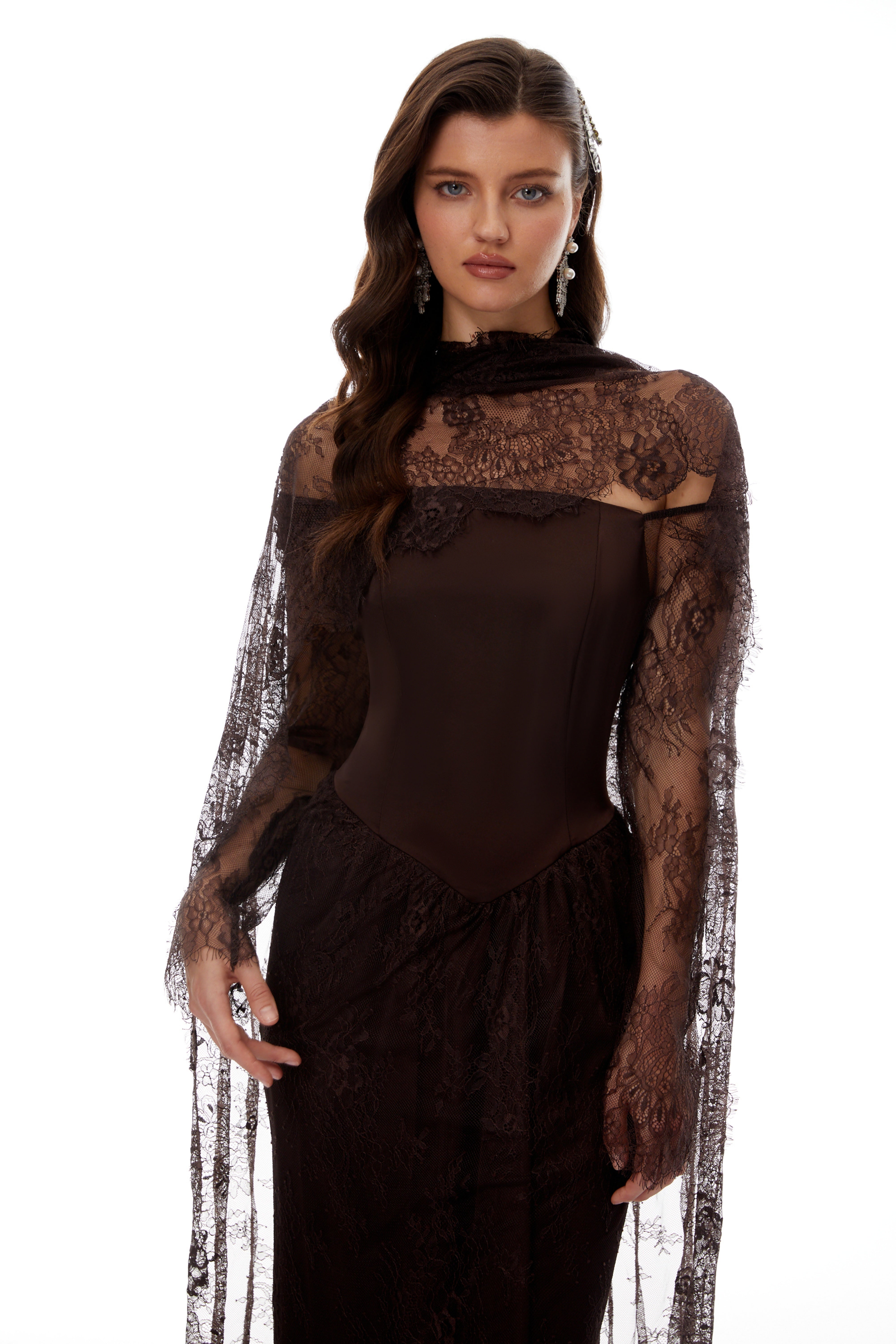 Christa Brown Floral Lace Maxi Dress with Cape (Final Sale-US Only)