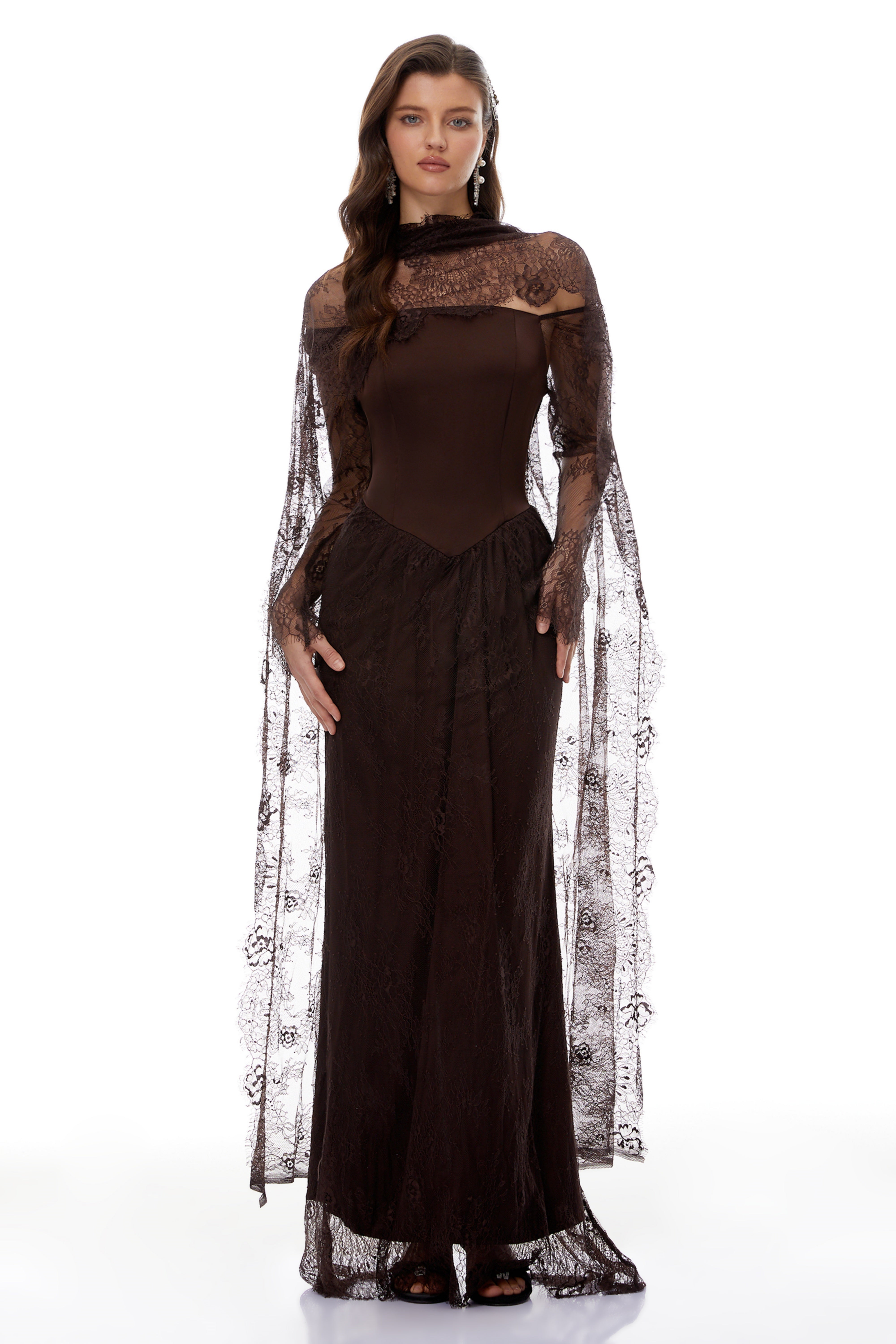 Christa Brown Floral Lace Maxi Dress with Cape (Final Sale-US Only)