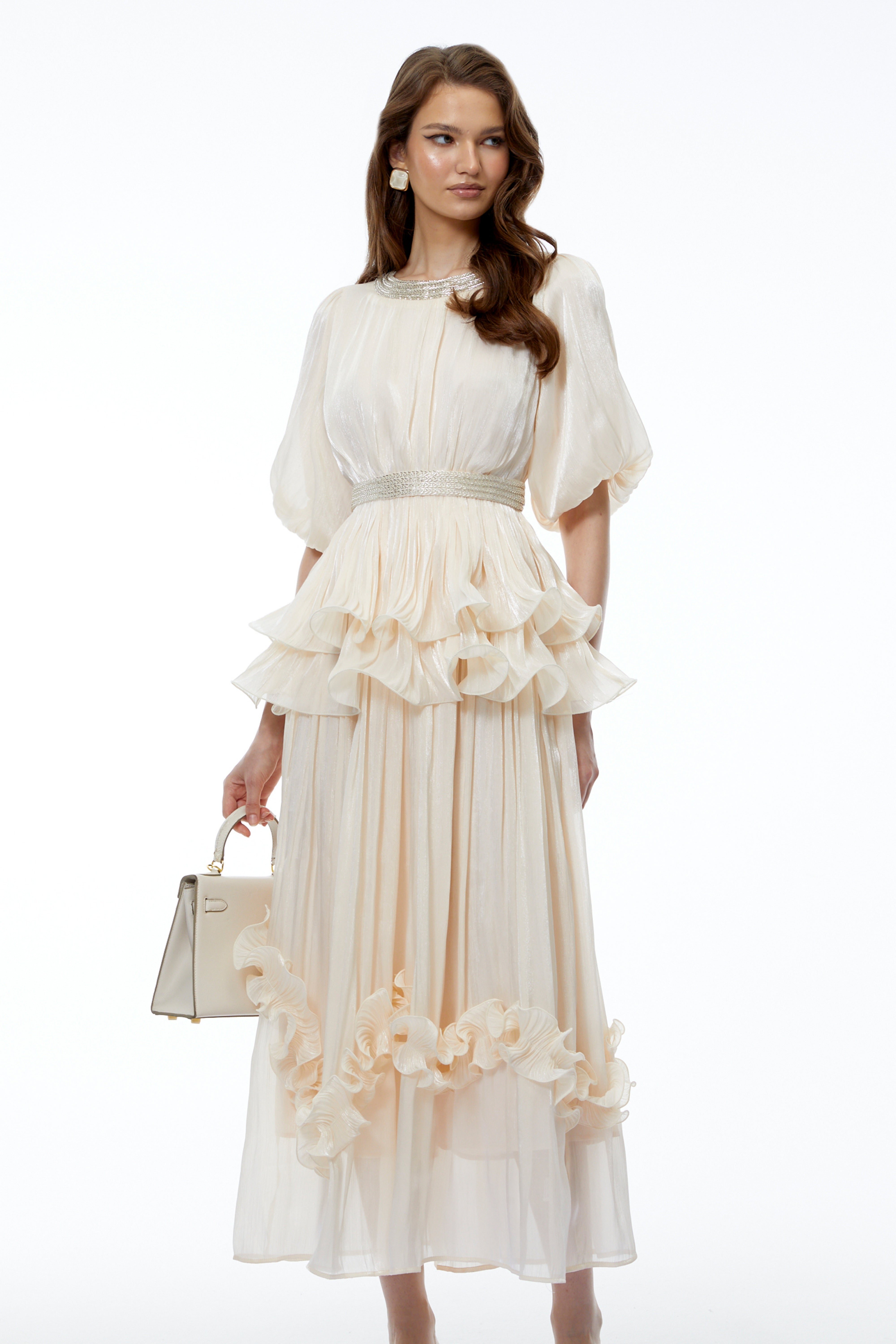 Chryseis Cream Round Neck Ruffled Maxi Dress