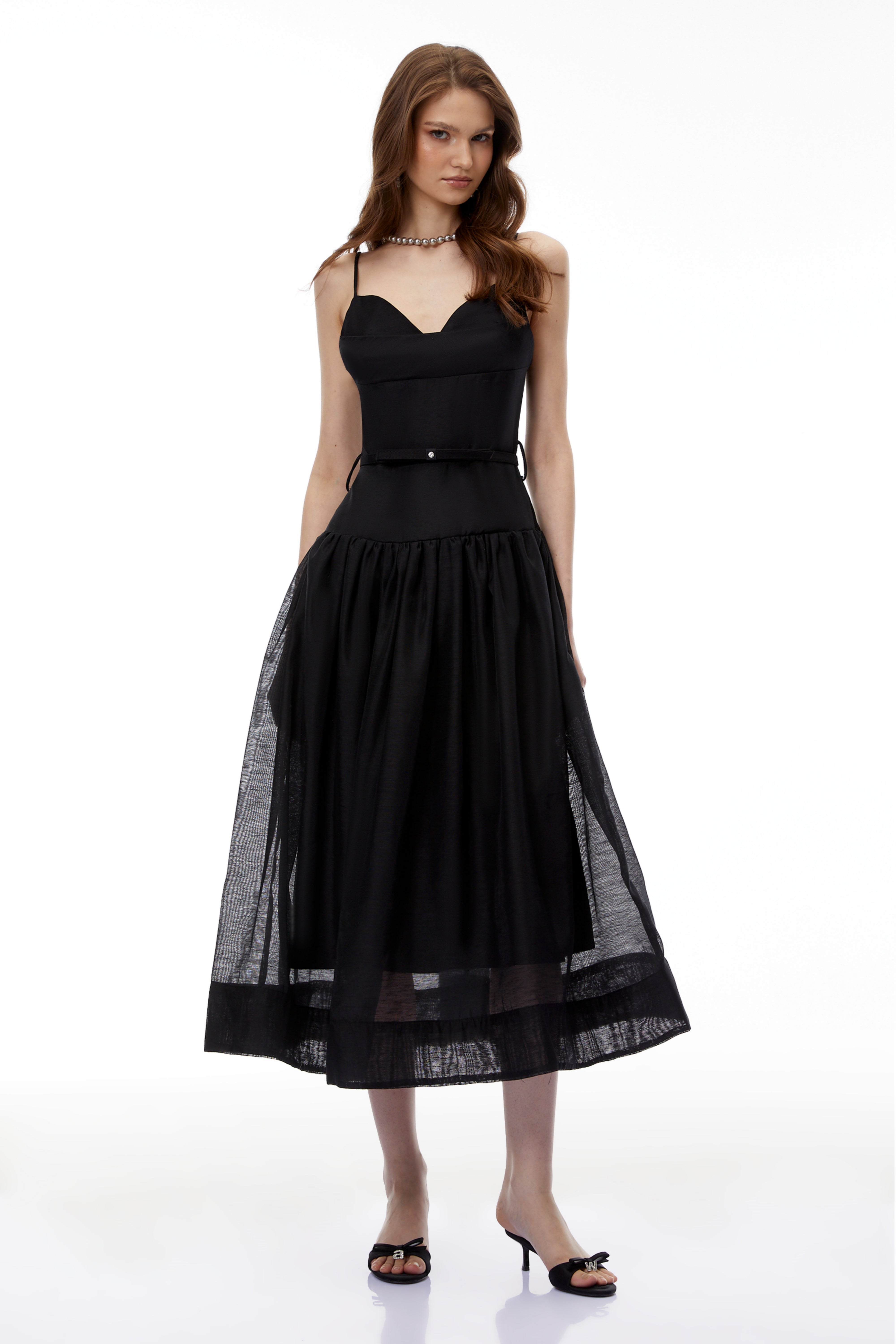 Circe Black Sweetheart Neckline Flared Midi Dress