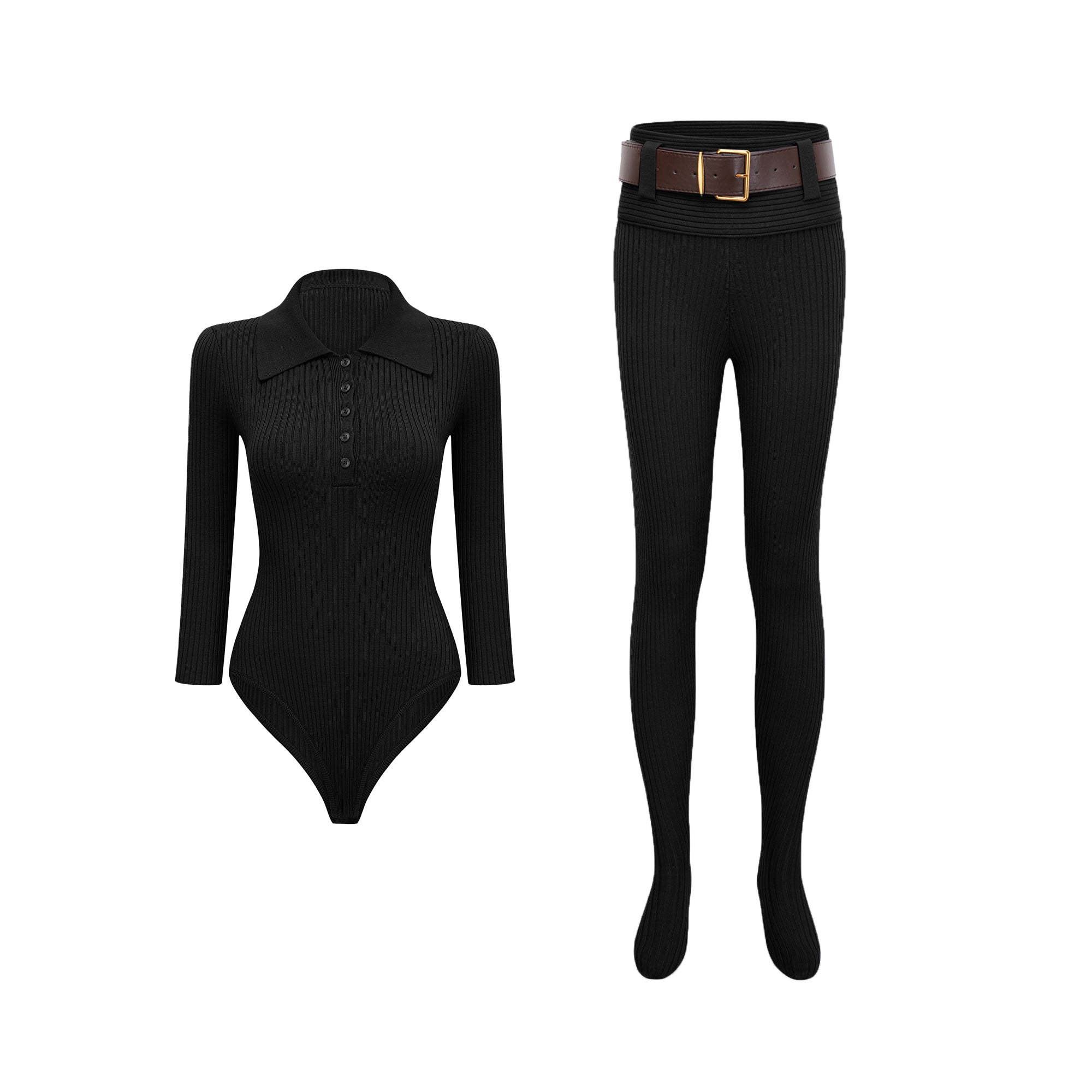 Claire Black Ribbed Knit Bodysuit & Trousers Set