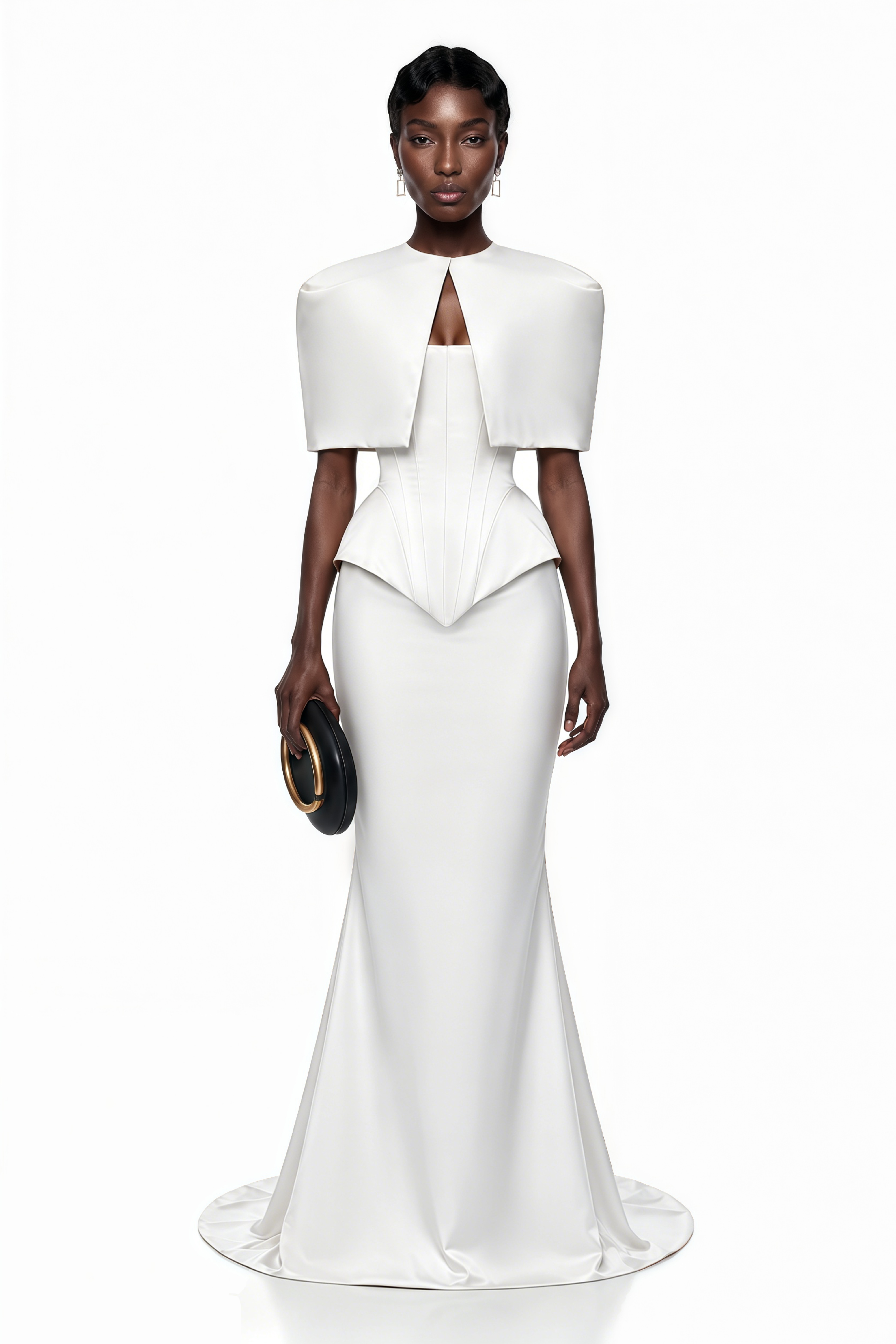 Clara White Corset Top & Skirt Set With Cape