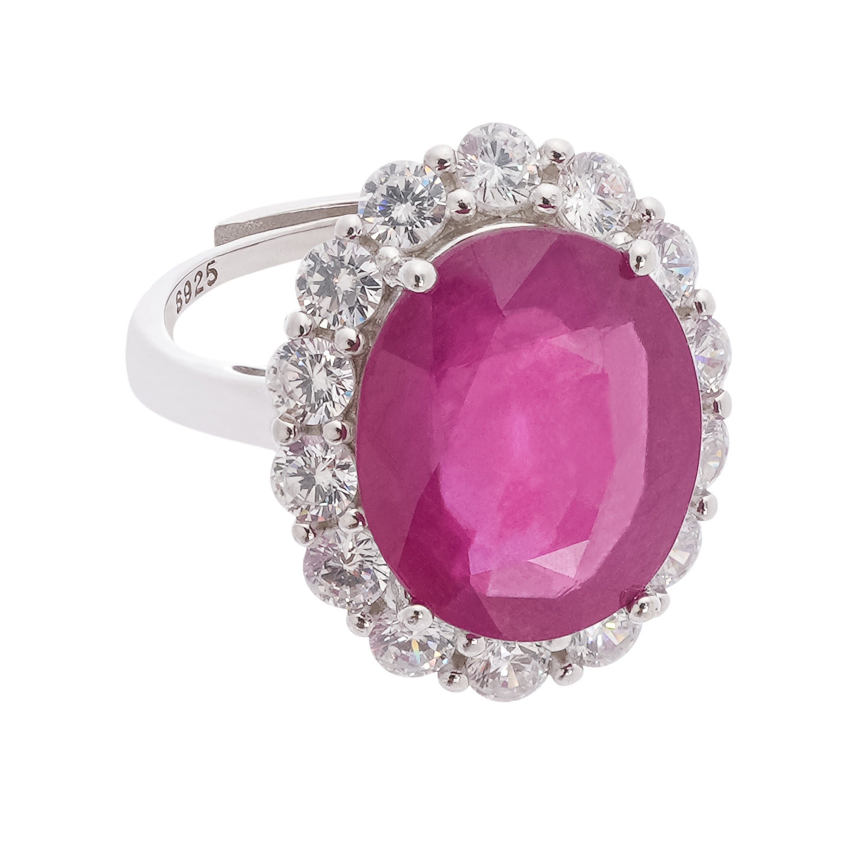 Clarisse Magenta Ruby Round Halo Sterling Silver Ring