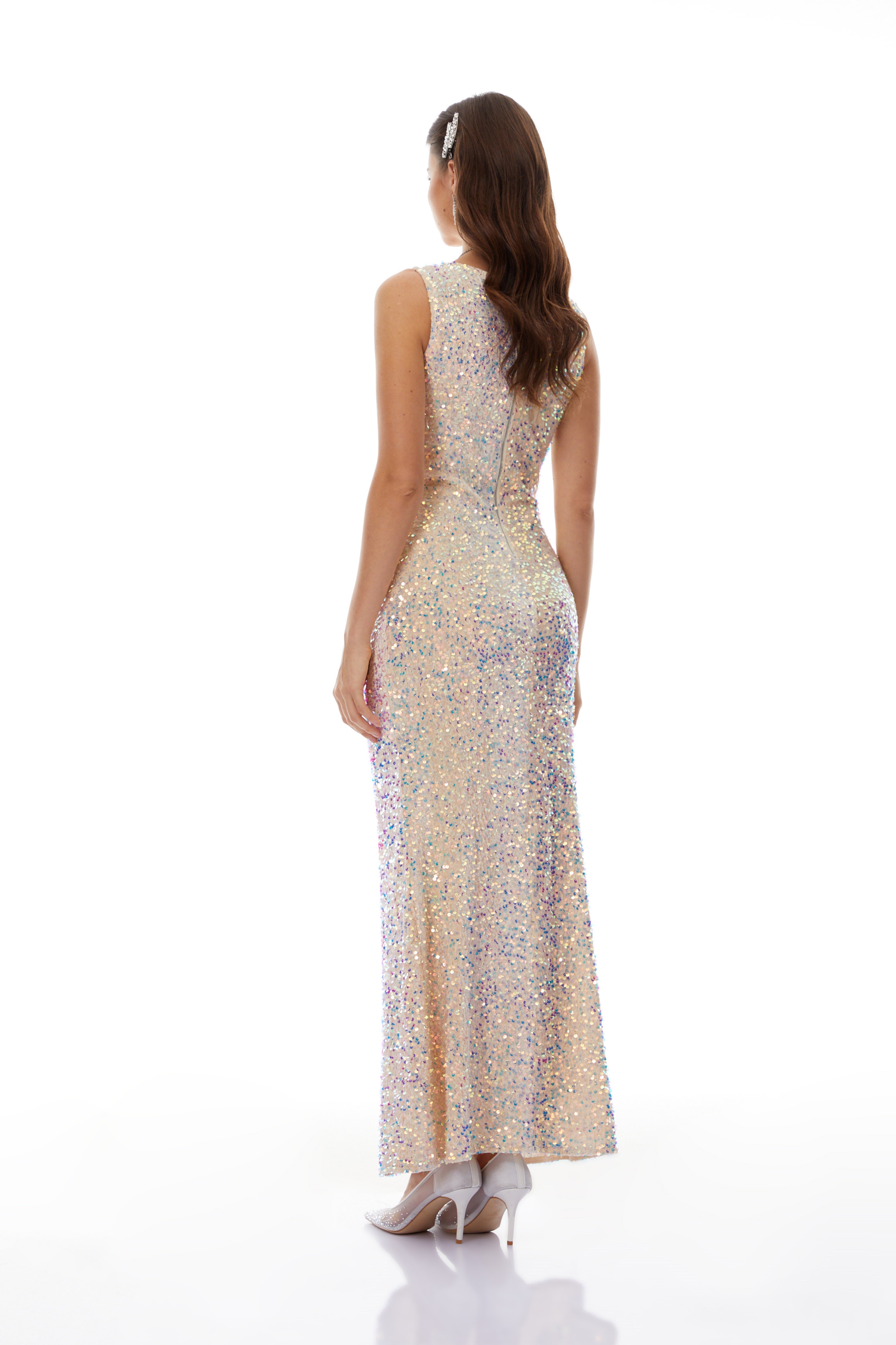 Claudia Neutrals Sequined Embellished Midi Dress