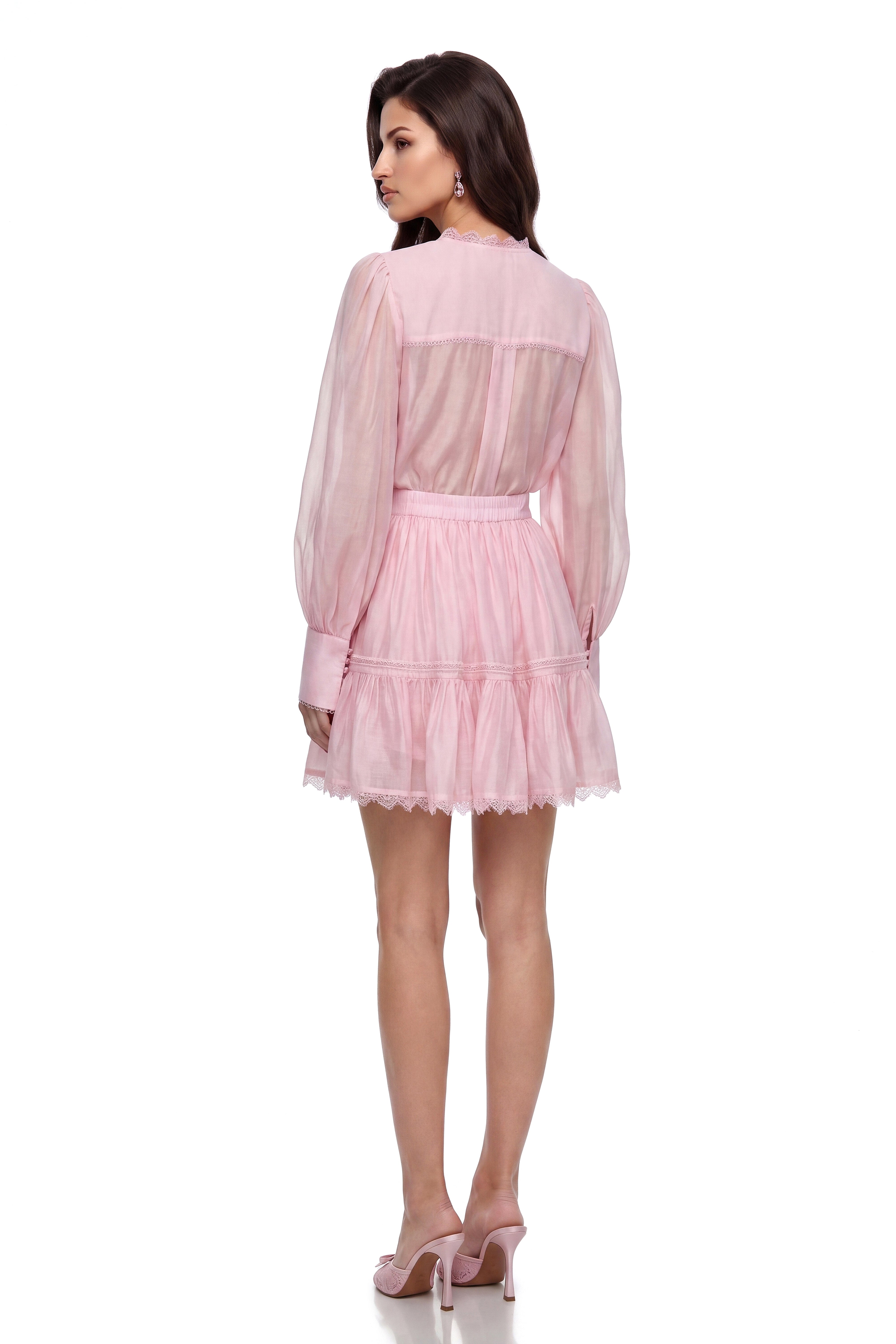 Clytemnestra Pink Puff Sleeve Lace Top & Skirt Set