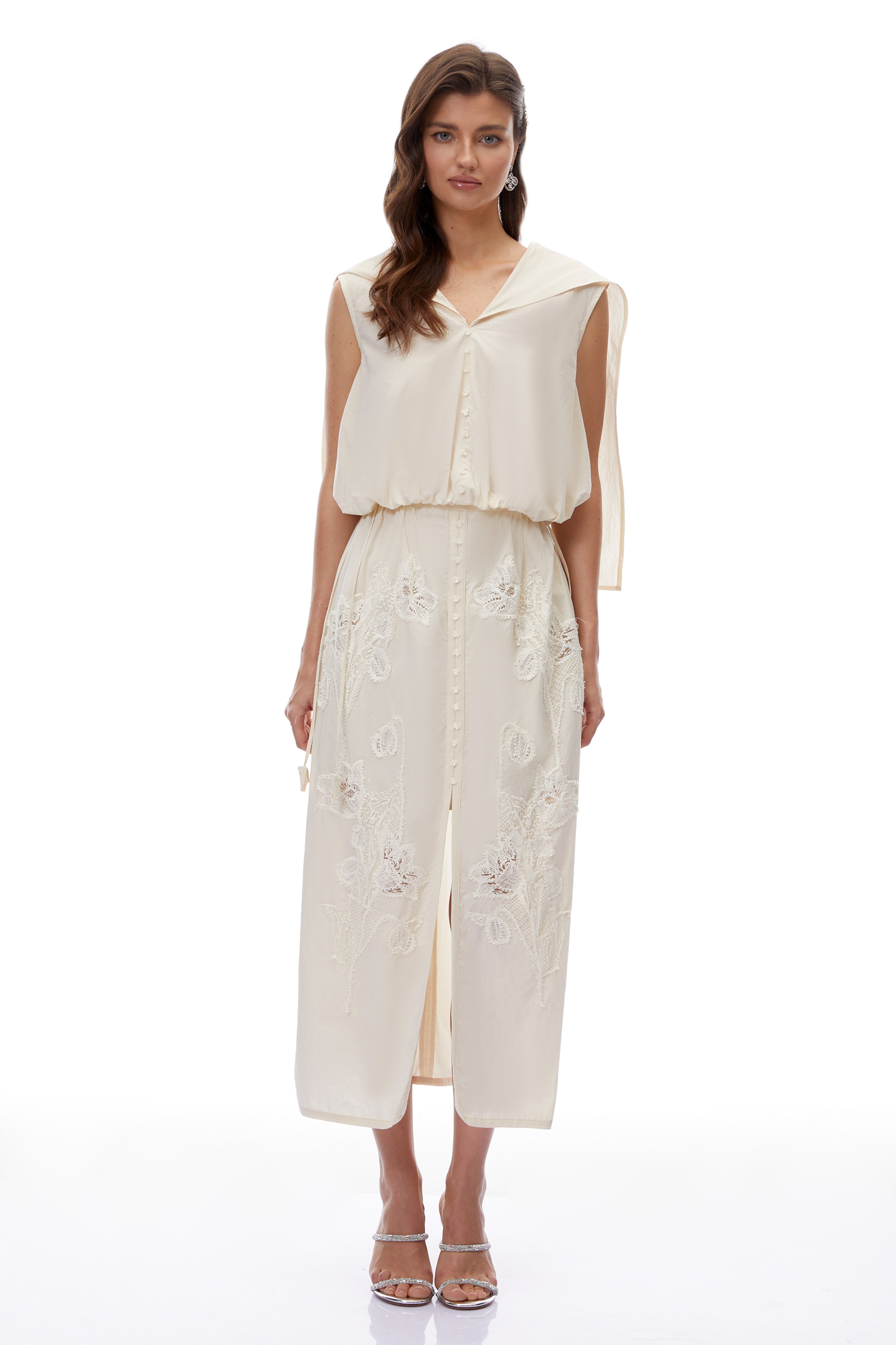 Coline Beige Floral Embroidered Top & Skirt Set