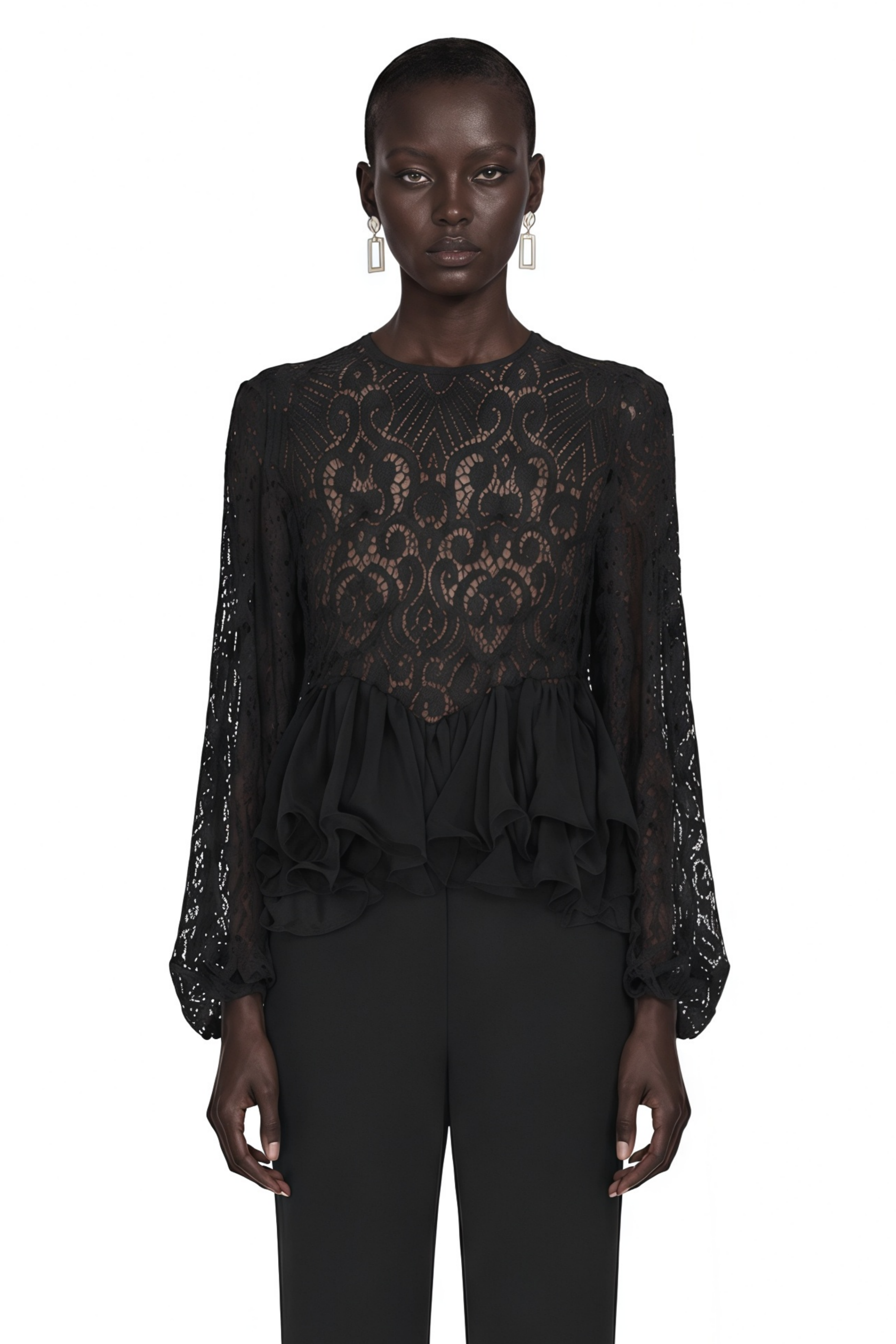 Cora Black Lace Ruffled Blouse