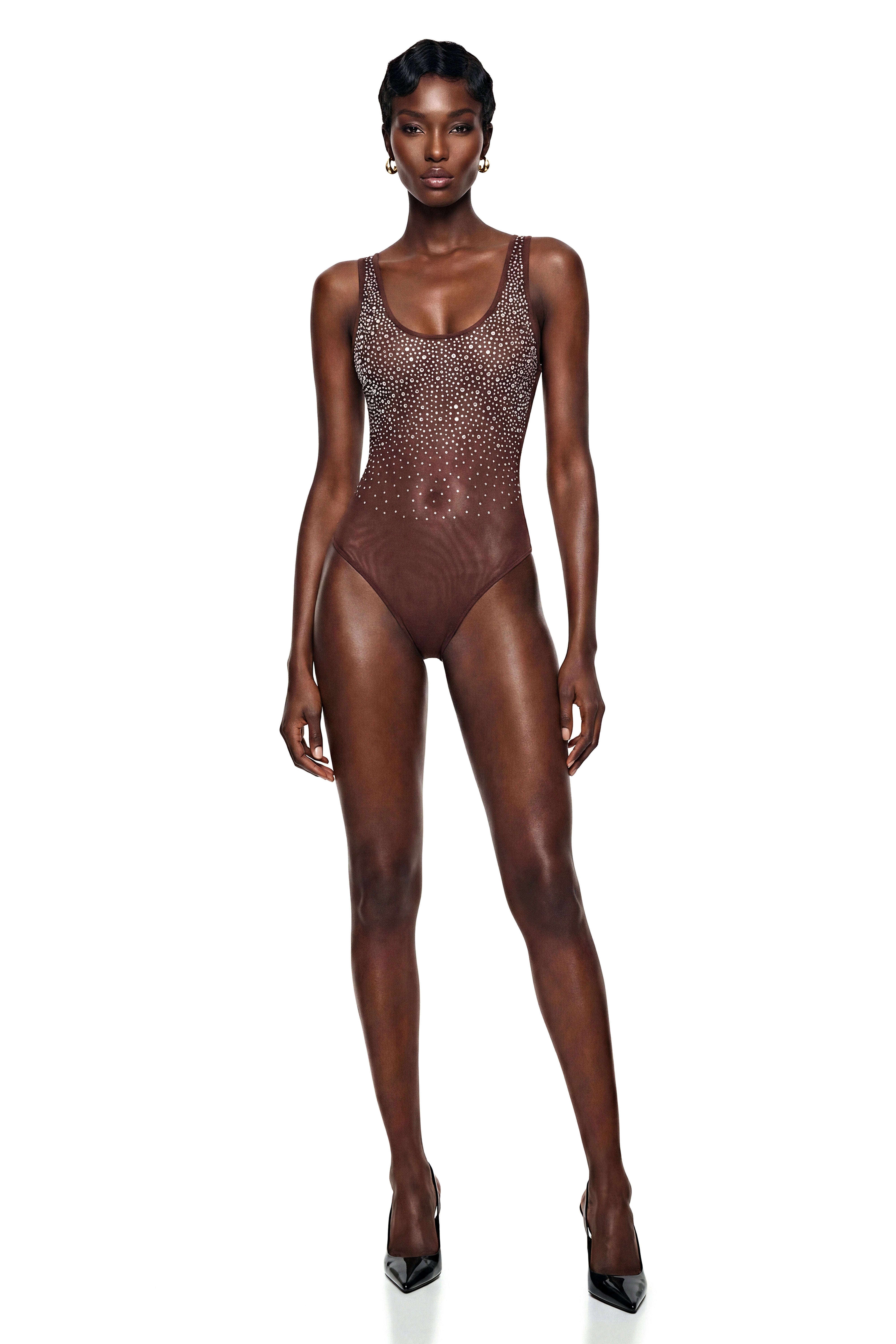 Cornelia Chocolate Brown Rhinestone Embellished Bodysuit