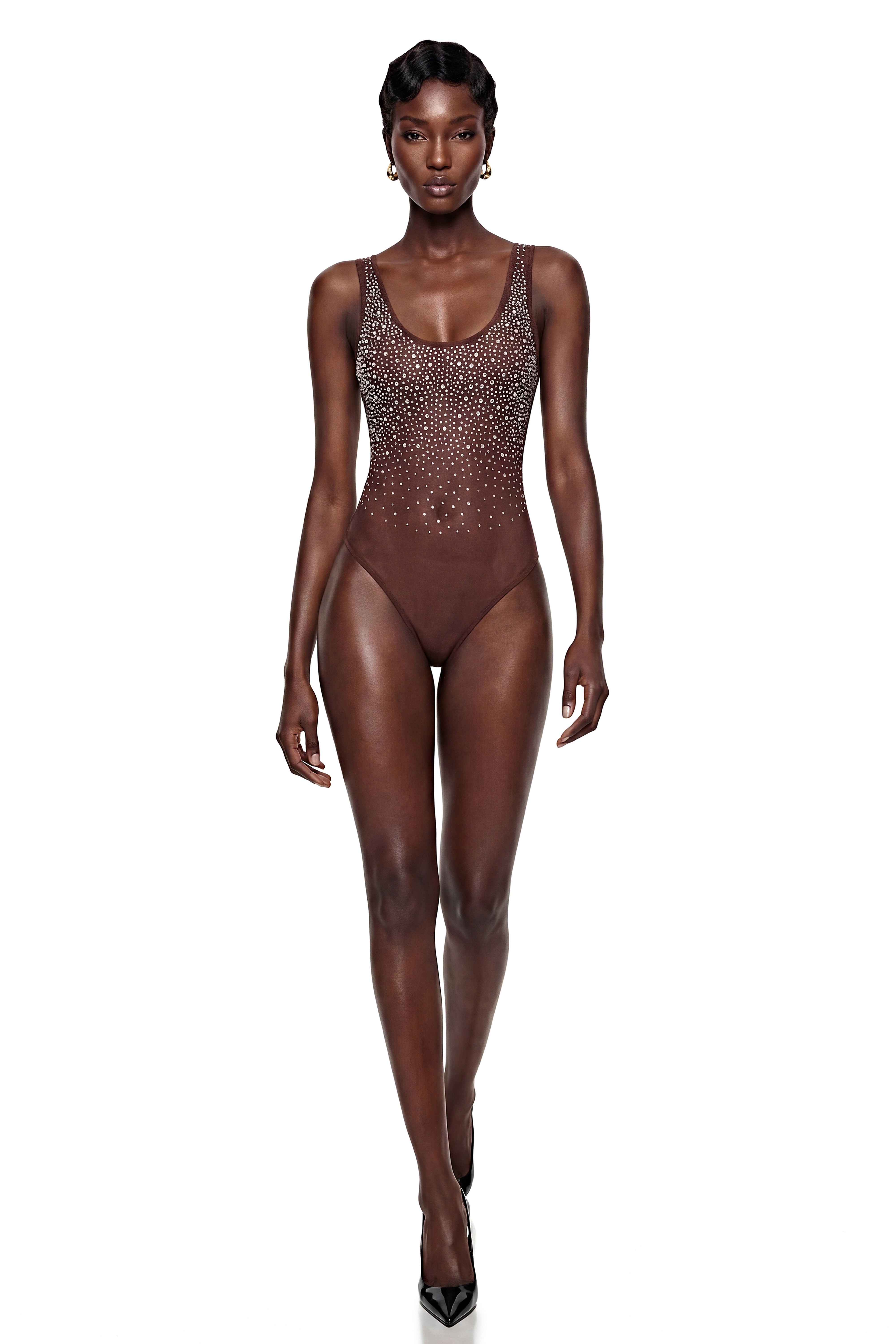 Cornelia Chocolate Brown Rhinestone Embellished Bodysuit