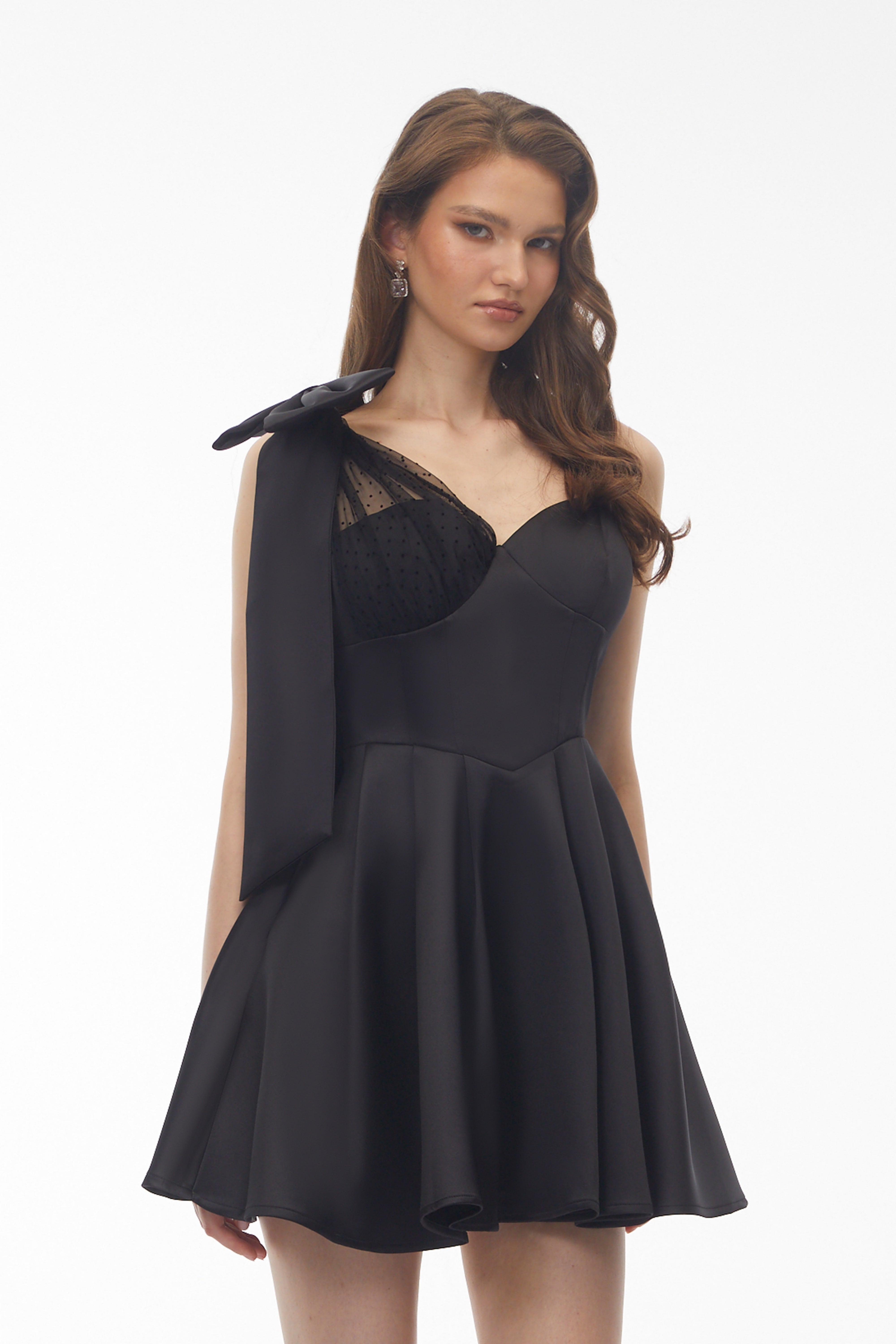 Cressida Black One Shoulder Lace Panel Mini Dress with Bow (Final Sale)