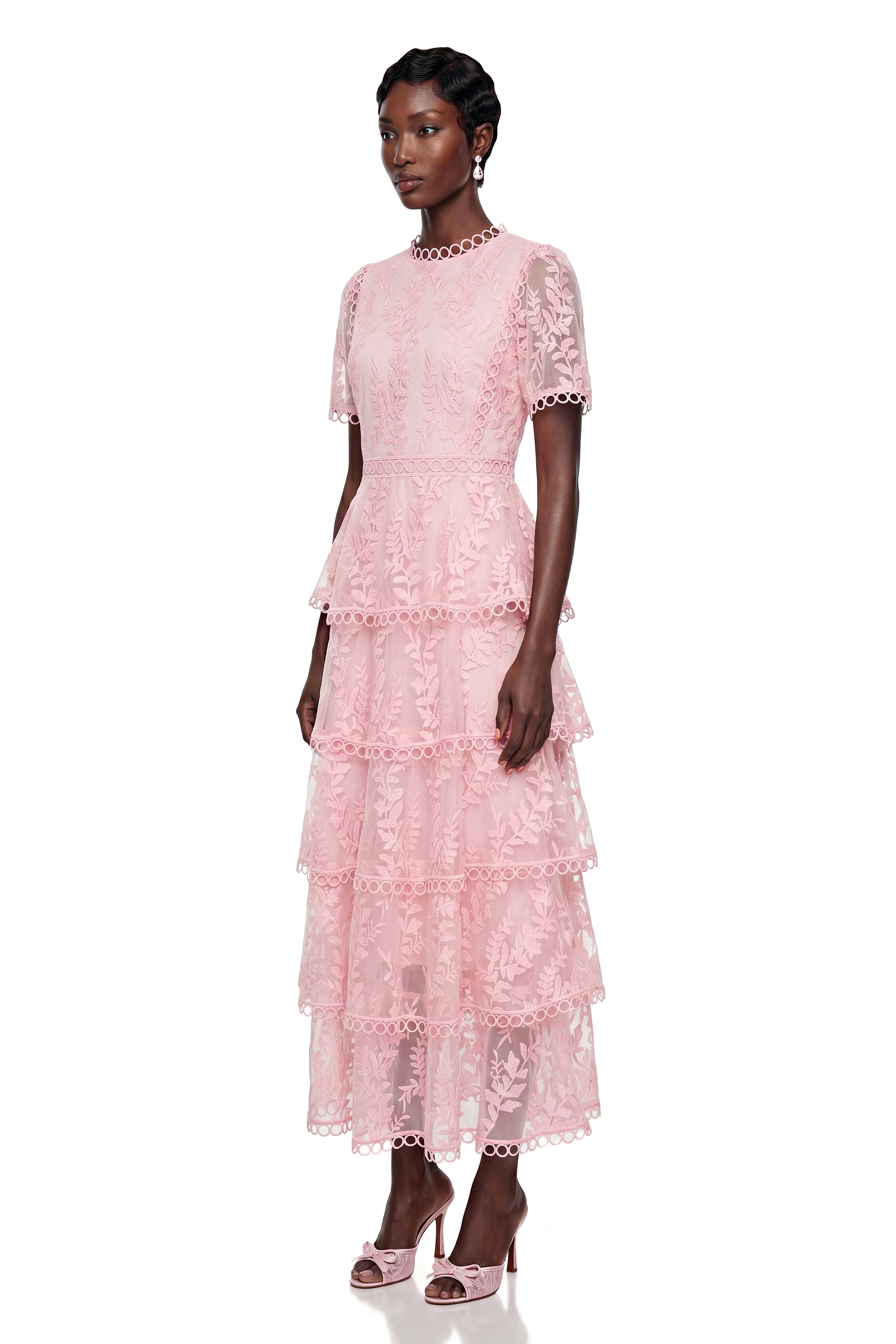 Cressida Pink Floral Embroidered Tiered Maxi Dress