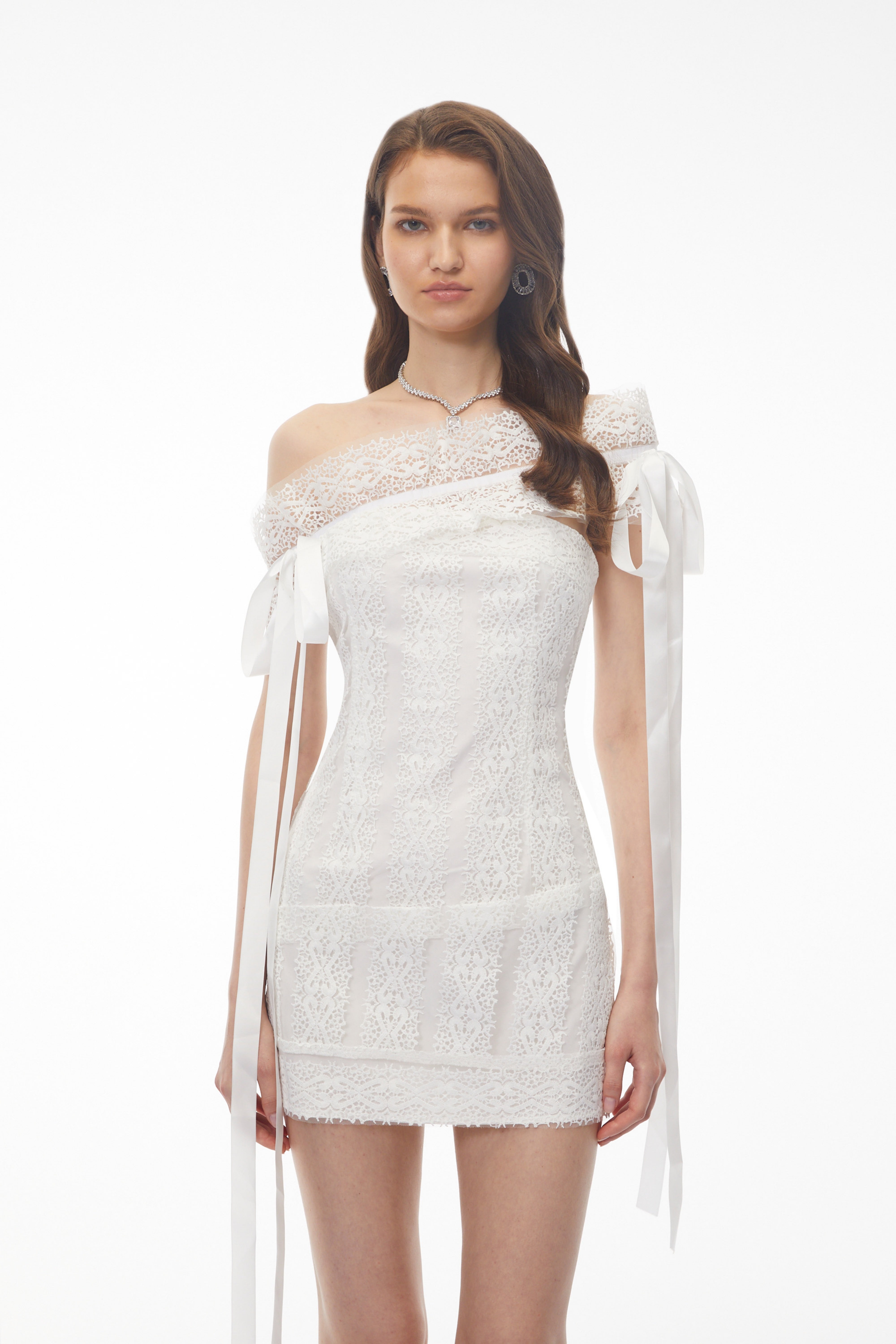Cressida White One Shoulder Lace Mini Dress with Cut-Outs and Bow