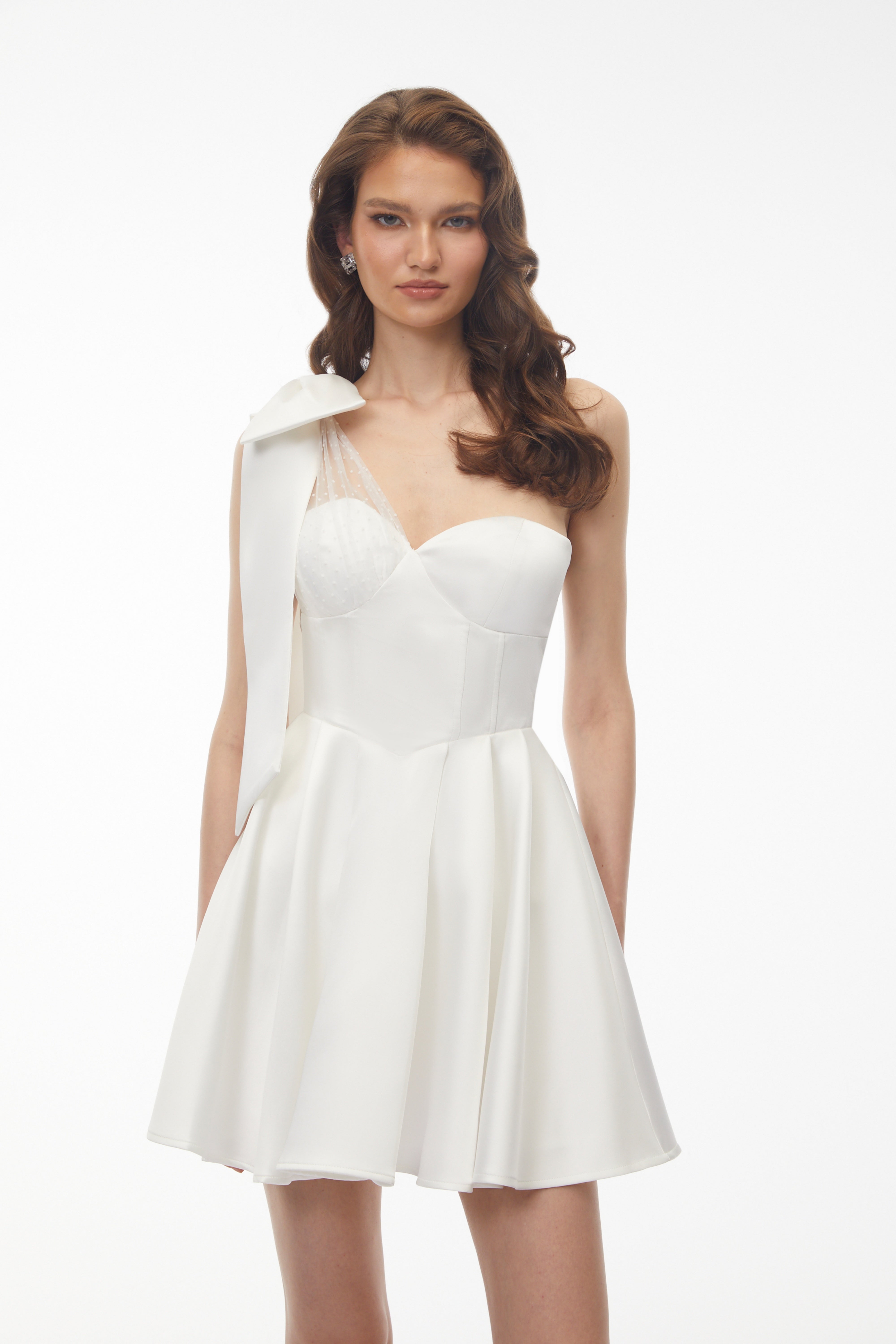 Cressida White One Shoulder Lace Panel Mini Dress with Bow