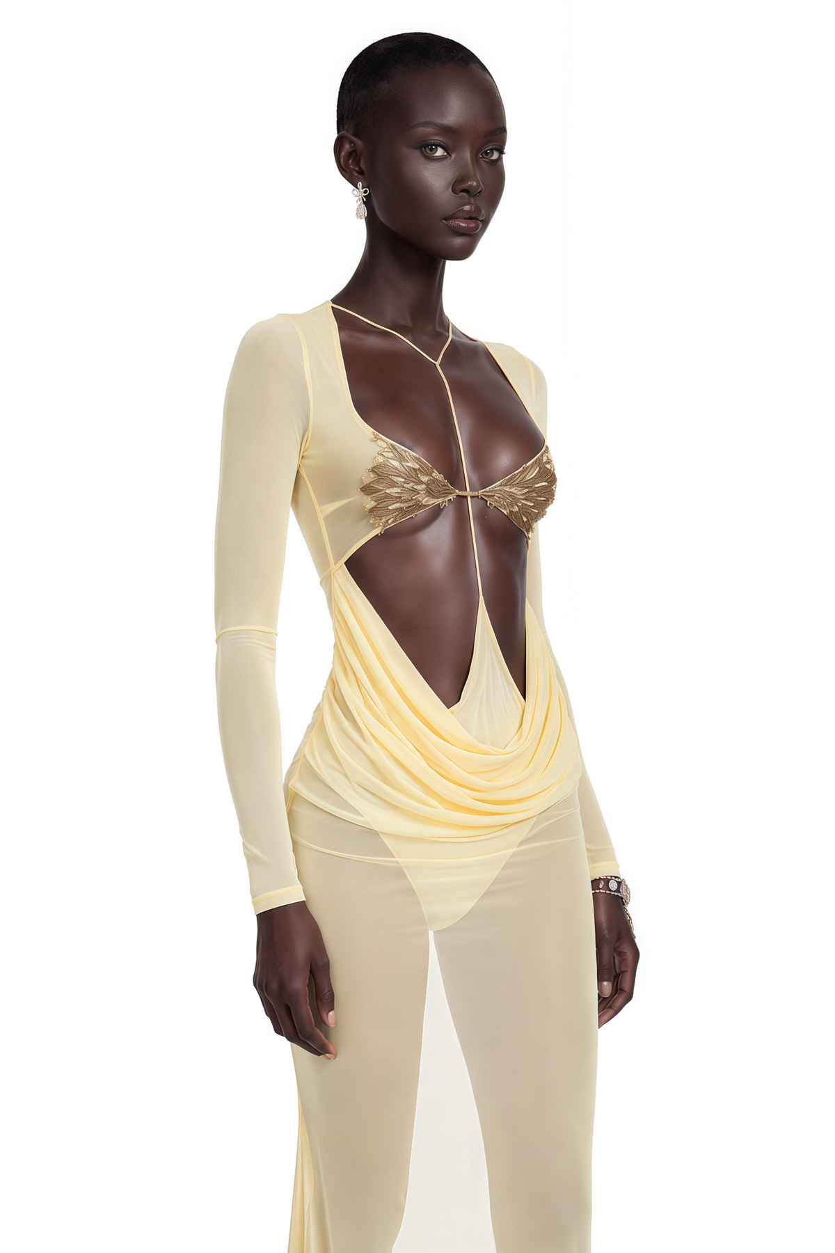 cressida yellow cut-out semi-sheer fishtail maxi dress