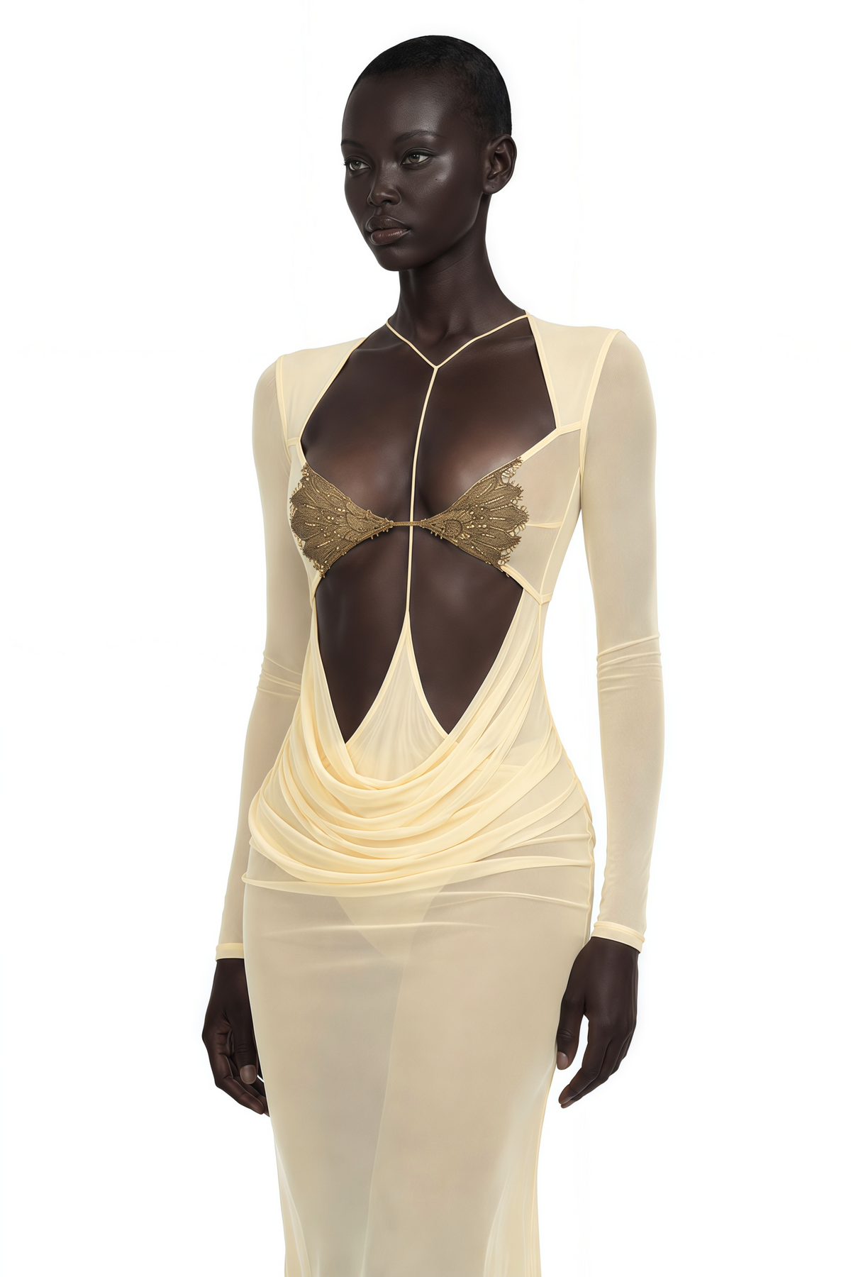cressida yellow cut-out semi-sheer fishtail maxi dress