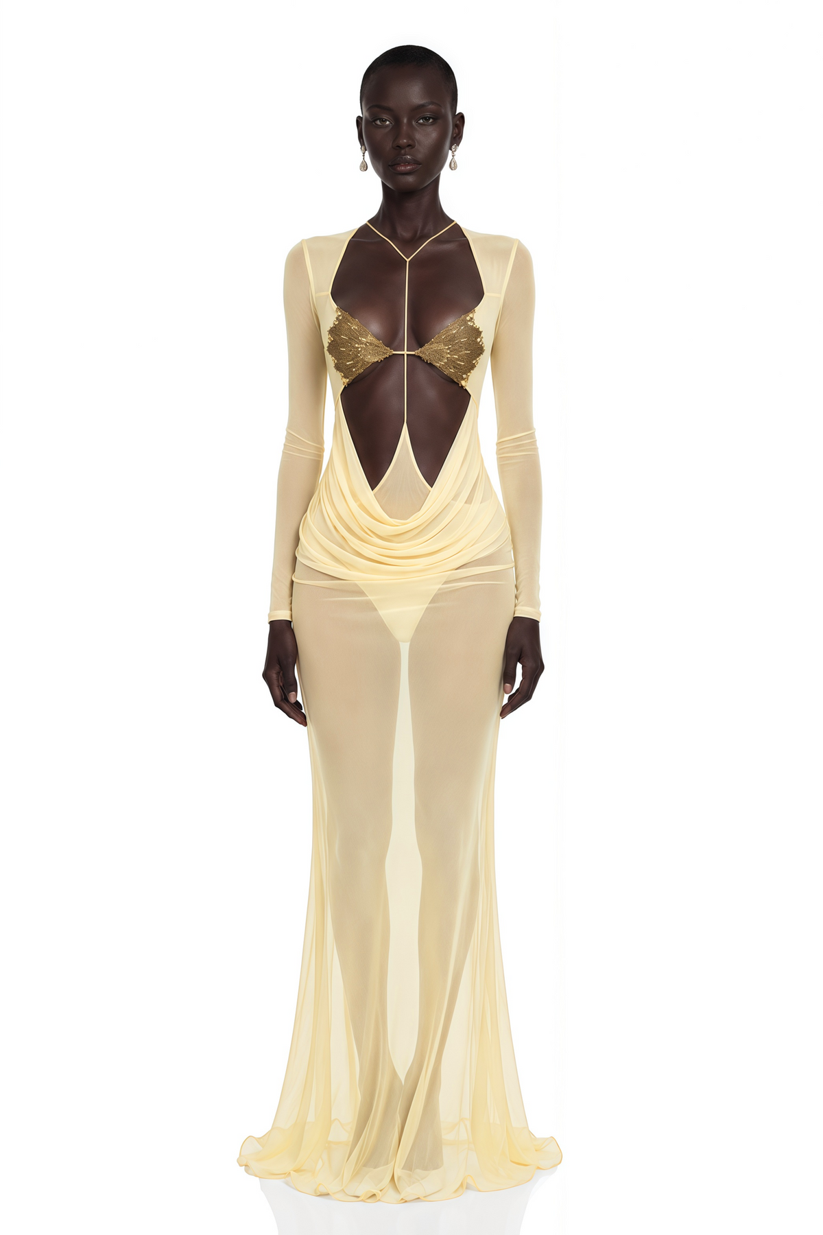 cressida yellow cut-out semi-sheer fishtail maxi dress
