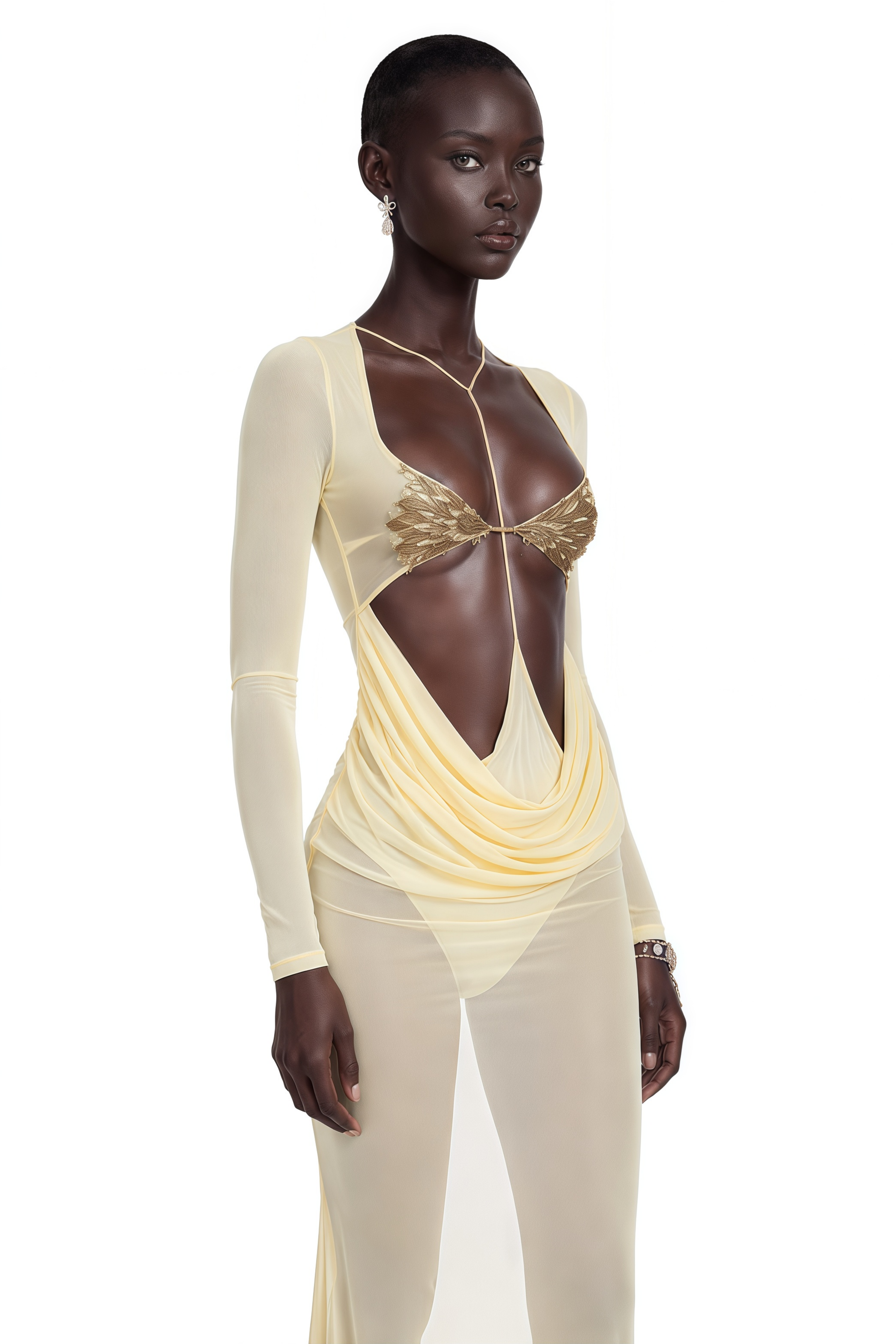 Cressida Yellow Cut-Out Semi-Sheer Fishtail Maxi Dress