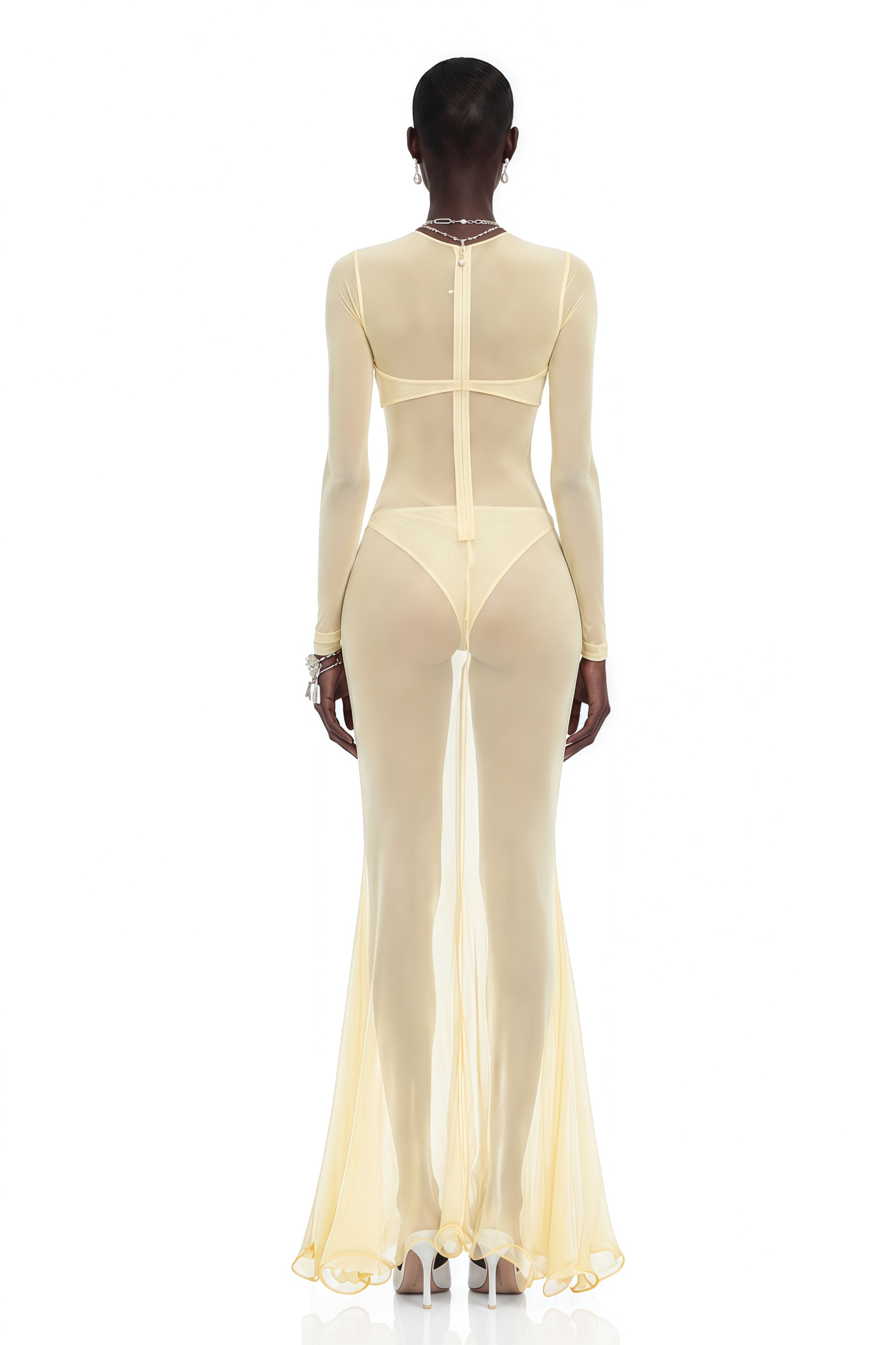 Cressida Yellow Cut-Out Semi-Sheer Fishtail Maxi Dress