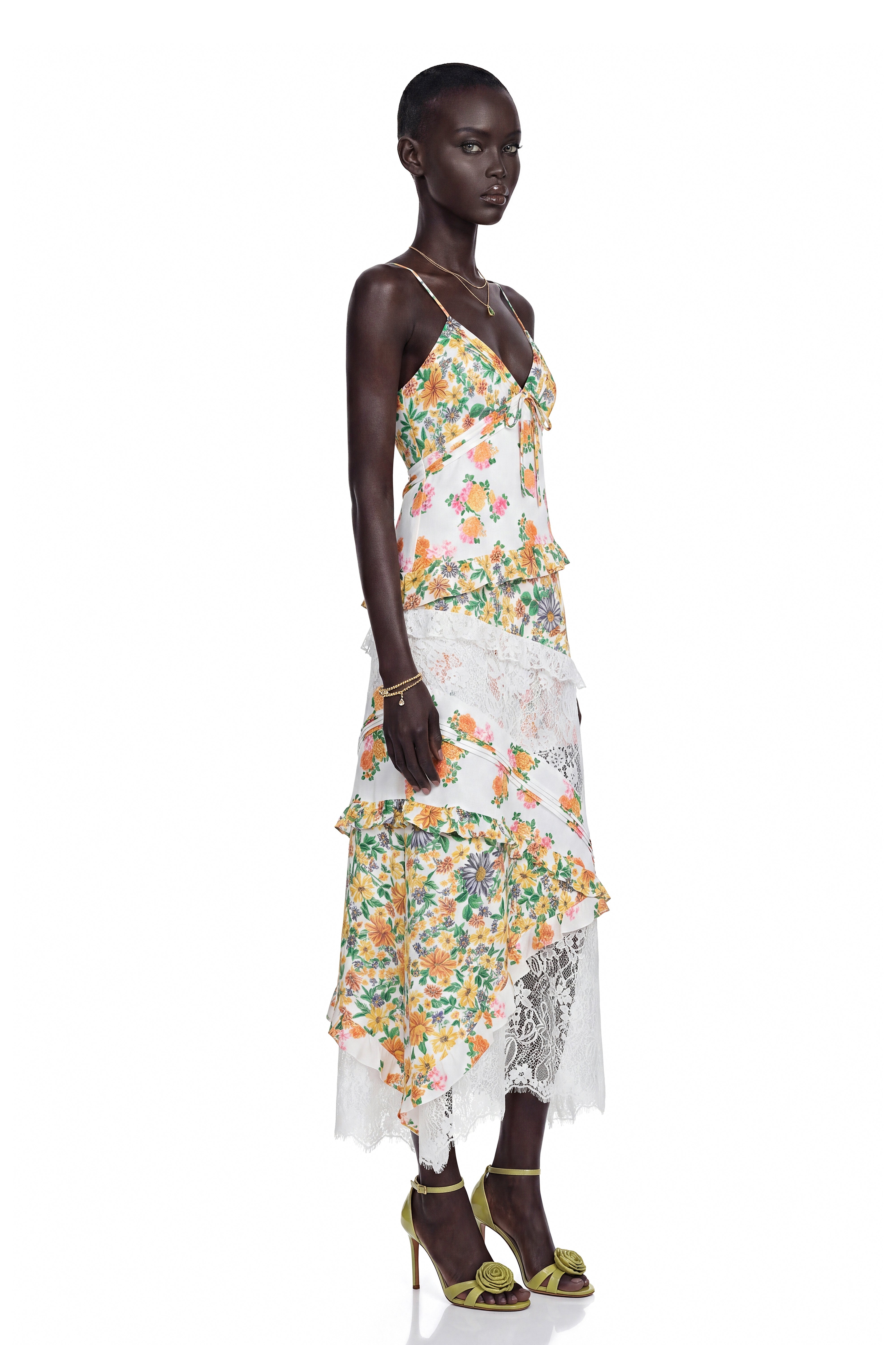 Cassandra Green Floral Print Maxi Dress with Lace Panels