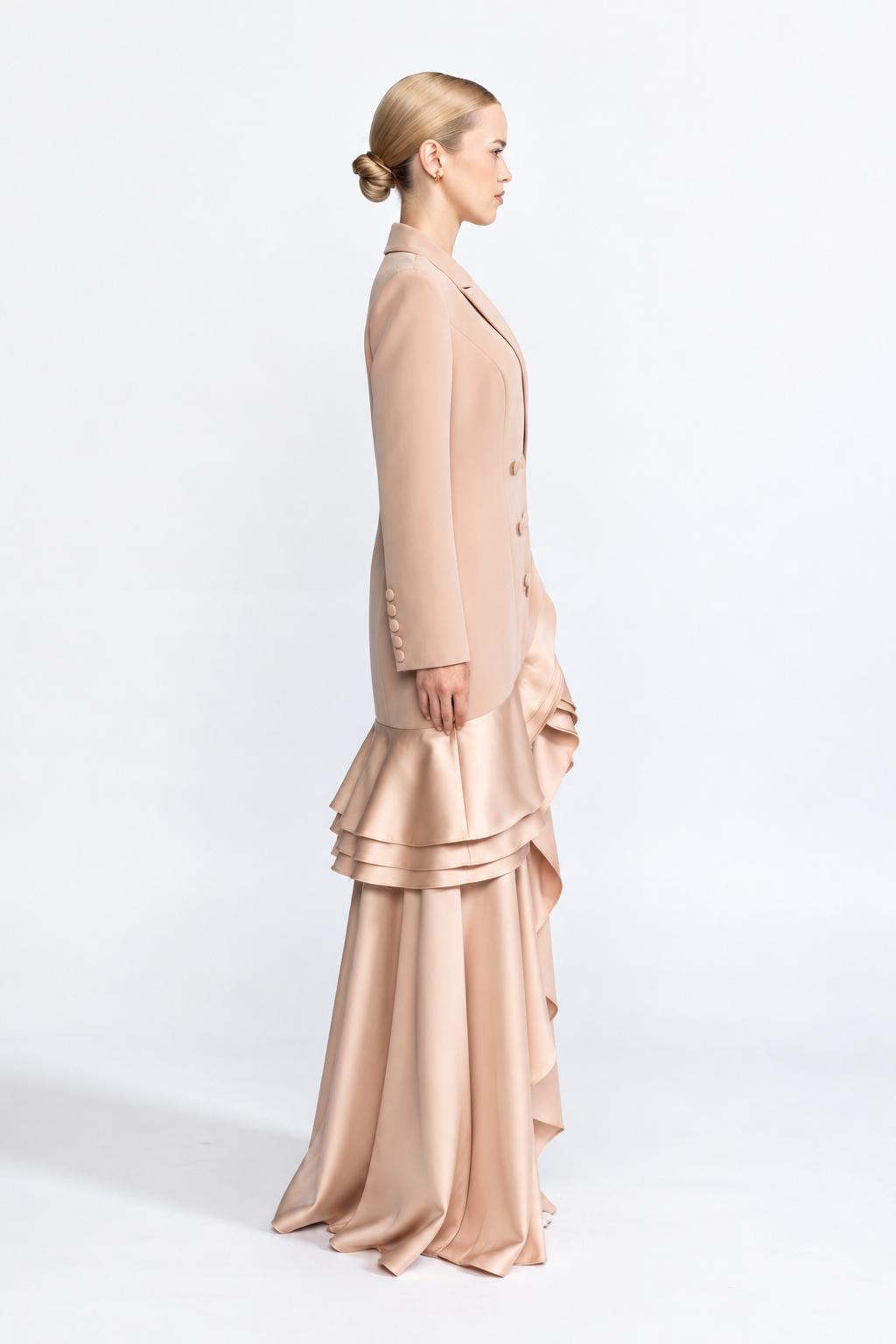 Félicie Beige Satin Ruffle Hem Double-Breasted Blazer Maxi Dress