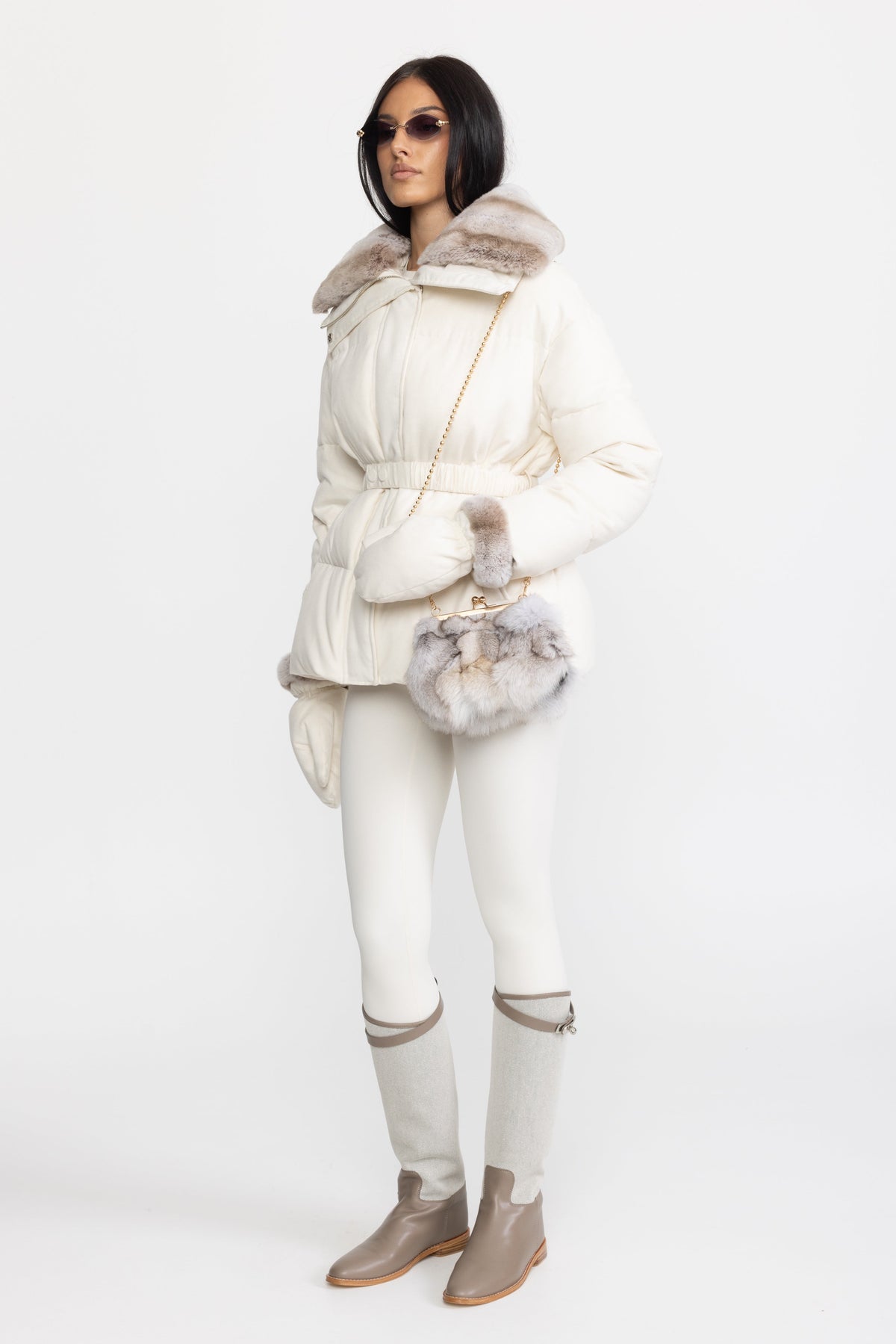 Rex Rabbit Fur Collar Cotton-Silk Down Jacket - Ivoire