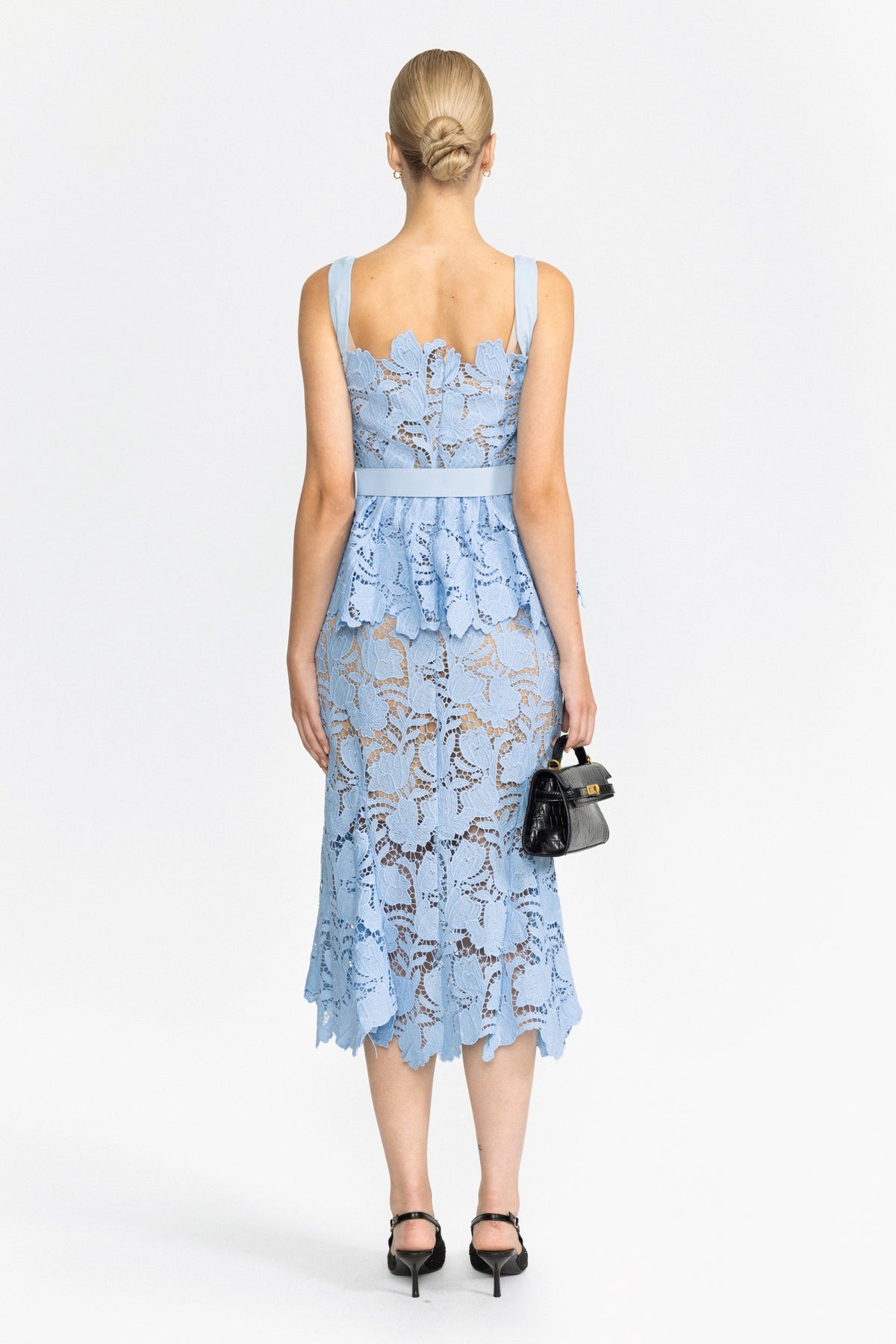 Guipure Lace Peplum Midi Dress - Light Blue