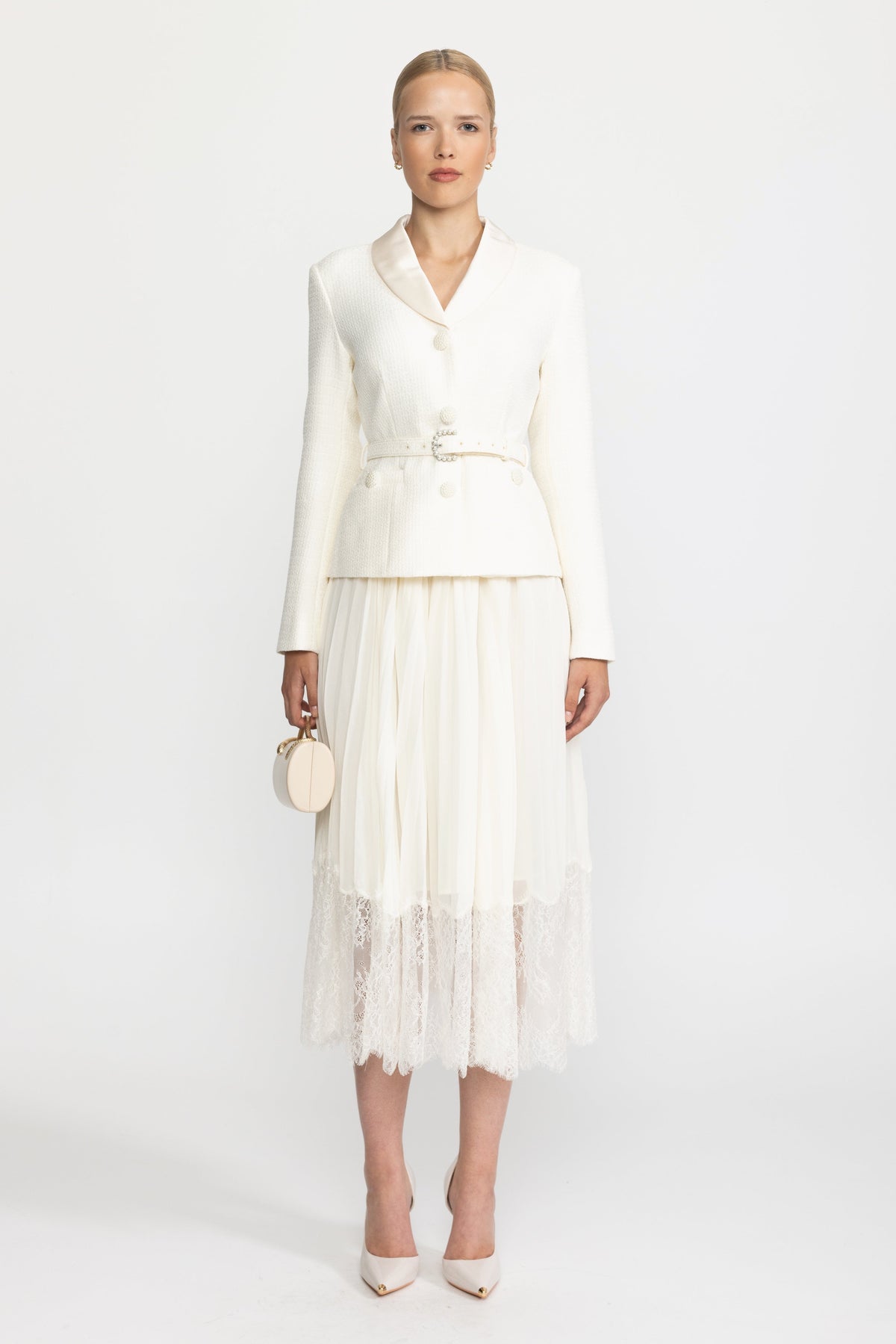 Satin Collar Tweed Jacket Dress with Pleated Lace Skirt - Ivoire