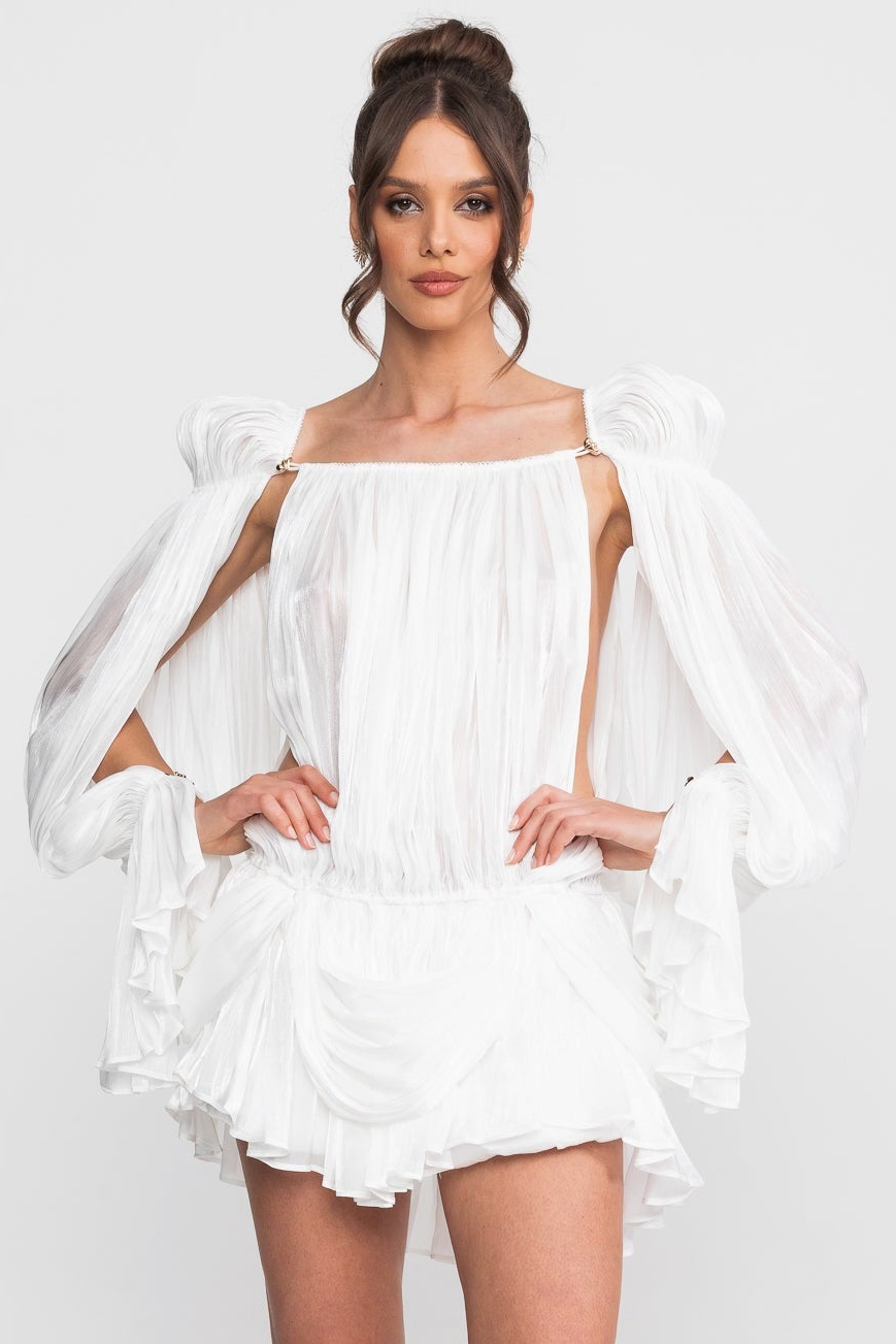 Sheer Draped Mini Dress With Cape Sleeves And Gold Clip Detail - White