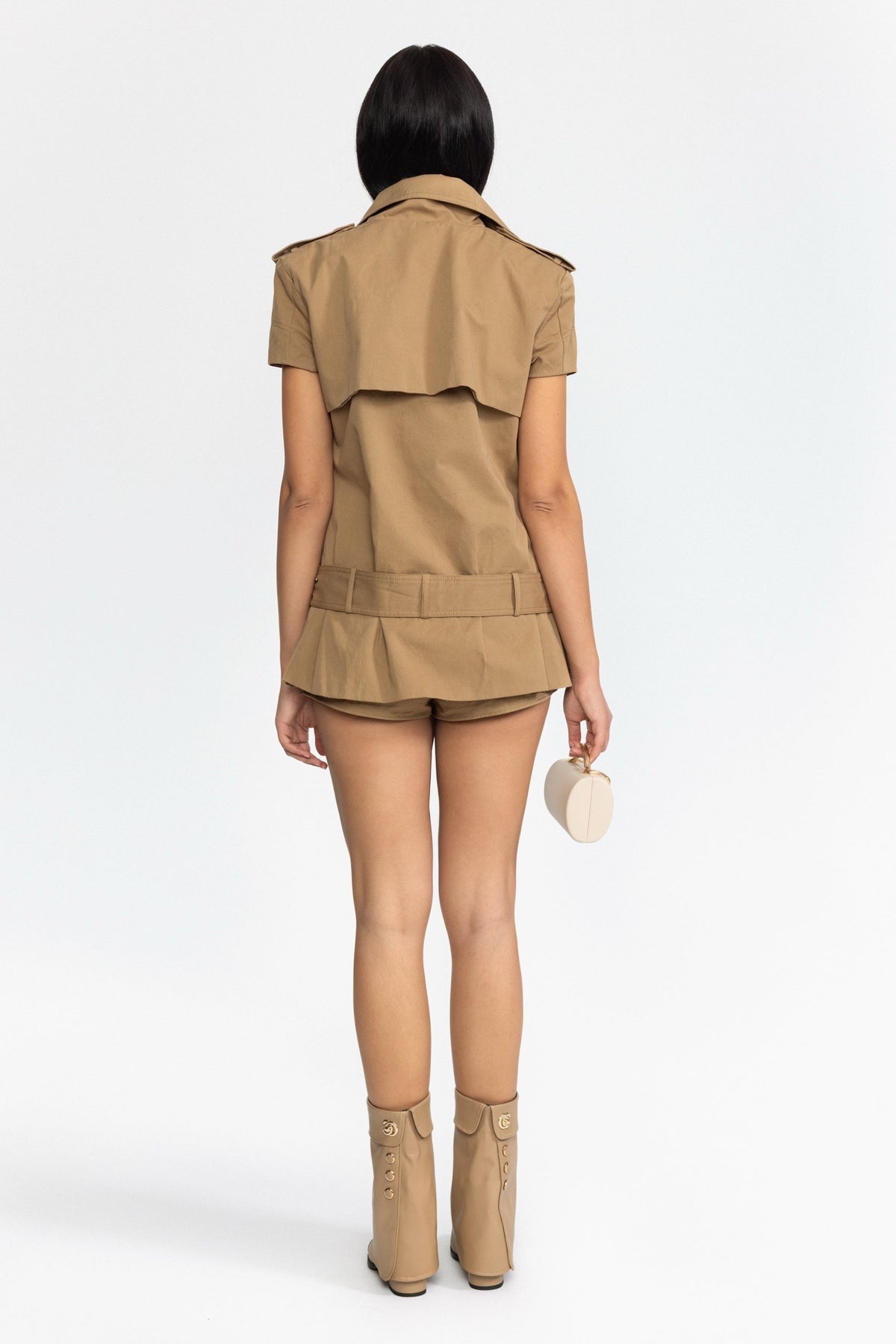 Belted Trench Top and Mini Shorts Set - Khaki