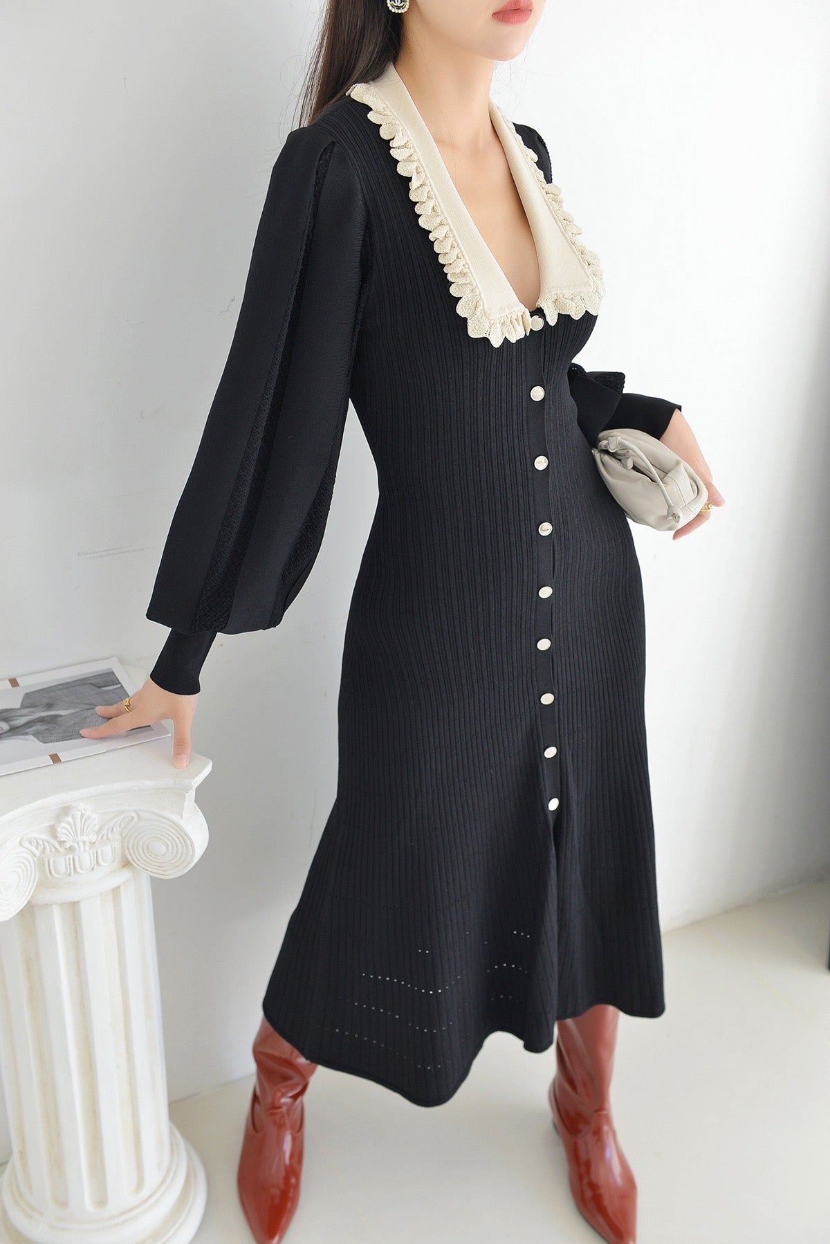 Sandro LONG Midi DRESS WITH LONG SLEEVES - Black