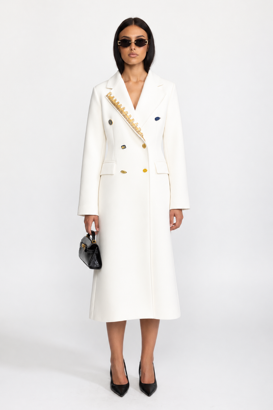 Pénélope White Embellished Lapel Double-Breasted Longline Coat
