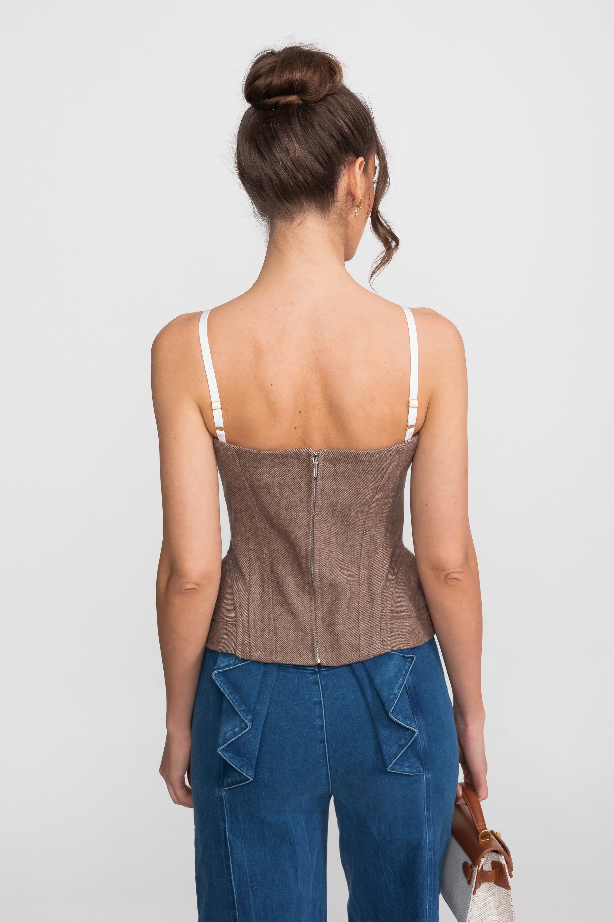 Structured Tweed Corset Top With Lace Straps And Peplum Hem - Brown