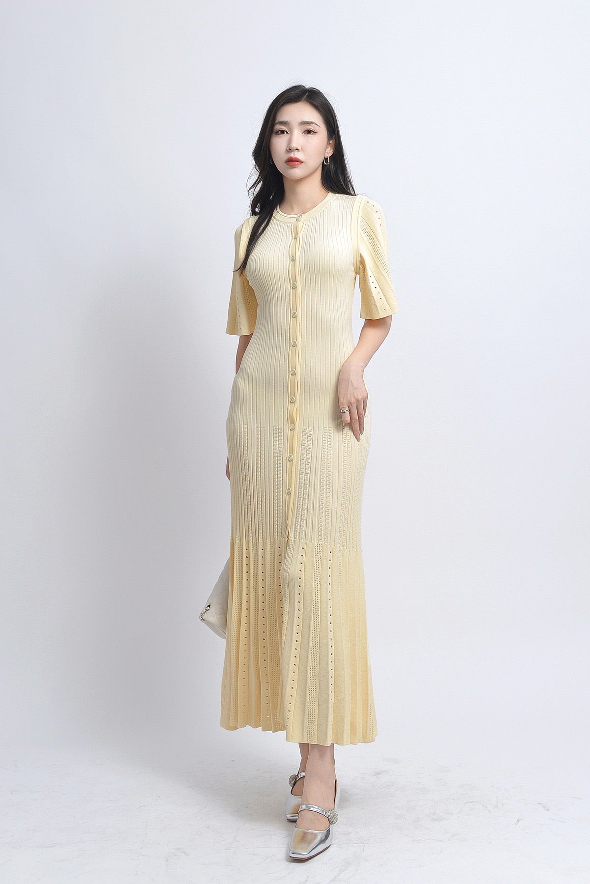 Sandro Fine-knit midi dress with openwork design yellow/beige