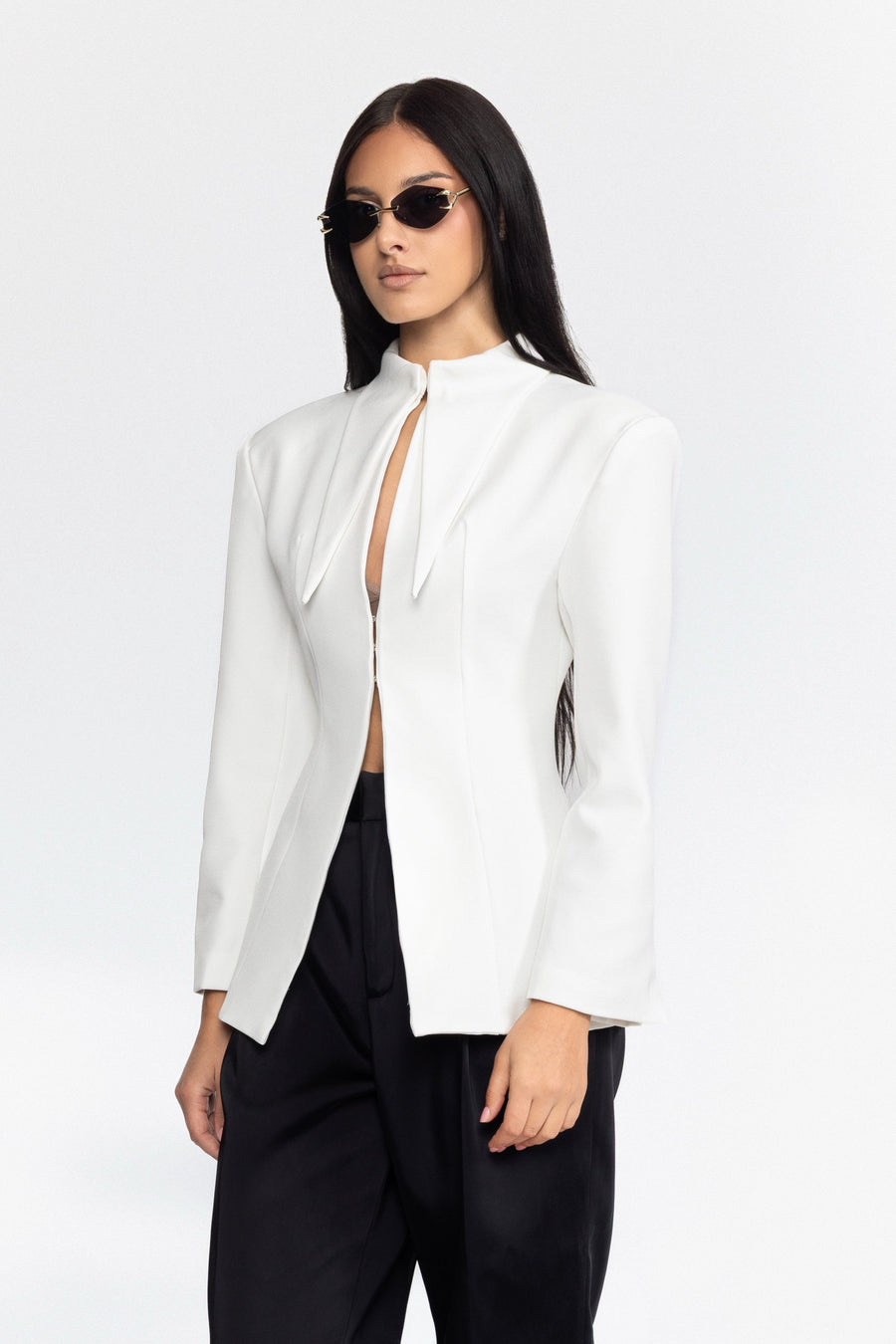 Sculpted Pointed-Collar Hook-Front Blazer - White