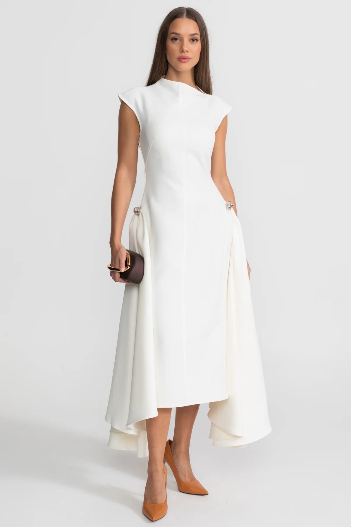 Structured Midi Dress with High-Low Hem and Metal Ring Details - White