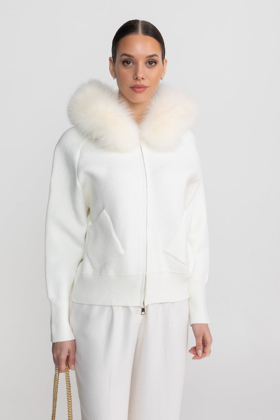 Valeriane Ivoire Zip-Up Wool Hoodie With Fox Fur Collar