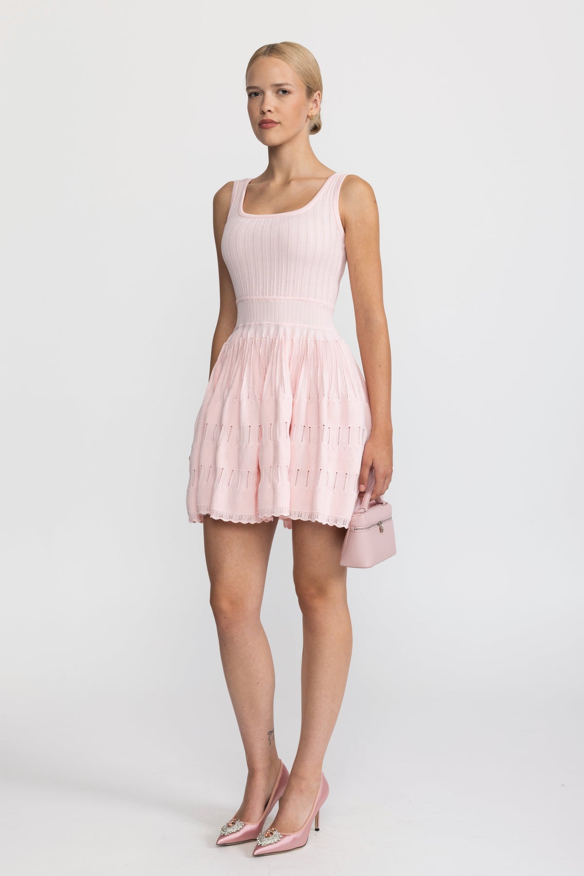 Pointelle Knit Skater Mini Dress - Pink