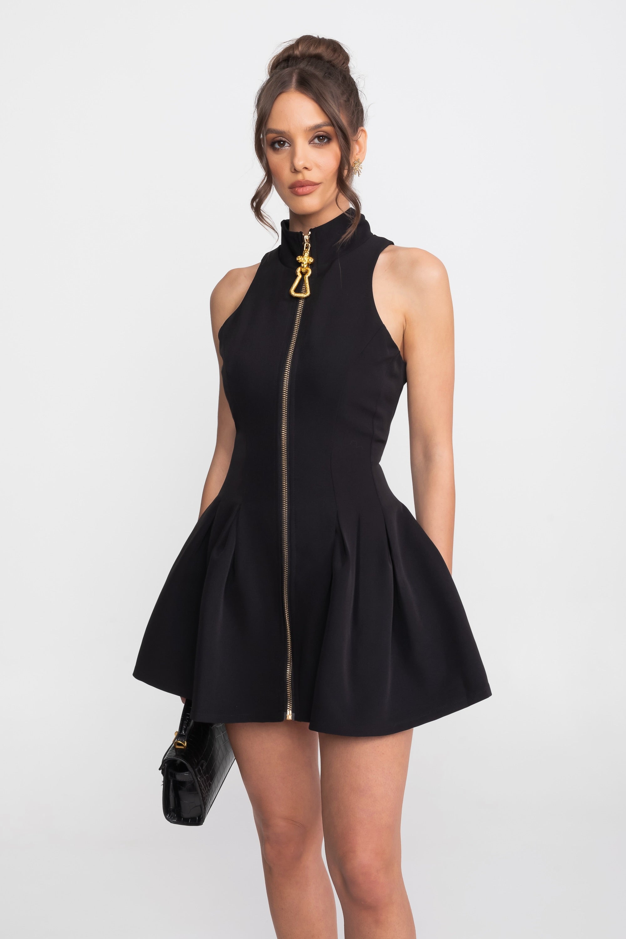 Sleeveless Mini Dress With Gold Front Zipper - Black